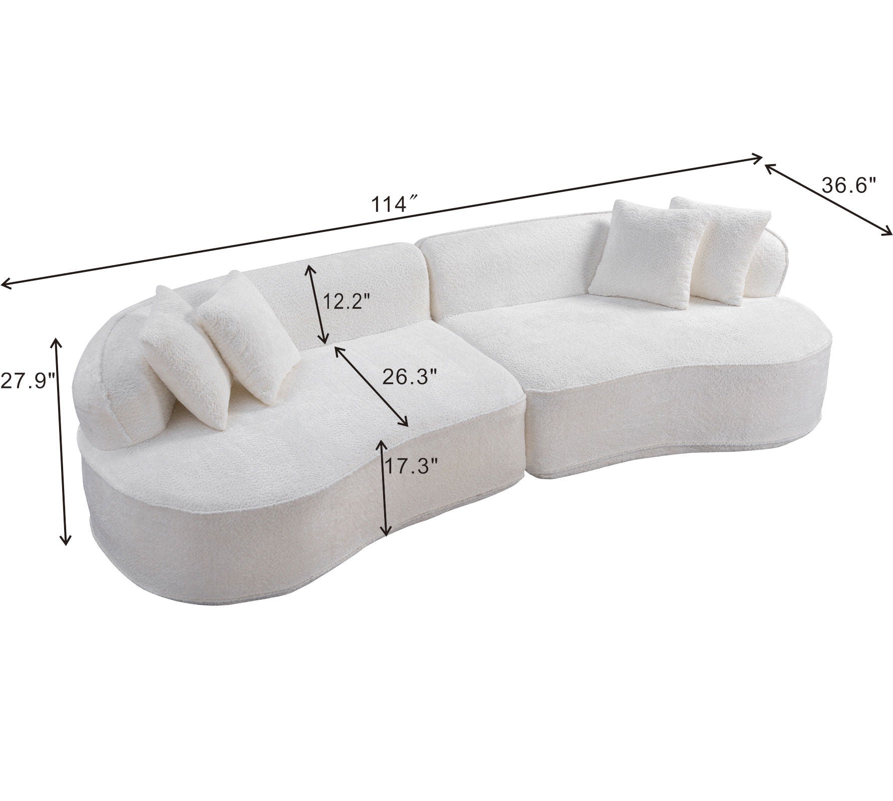 Sofa Curved L-Shape Boucle White 4 Seat 114 In No Assembly