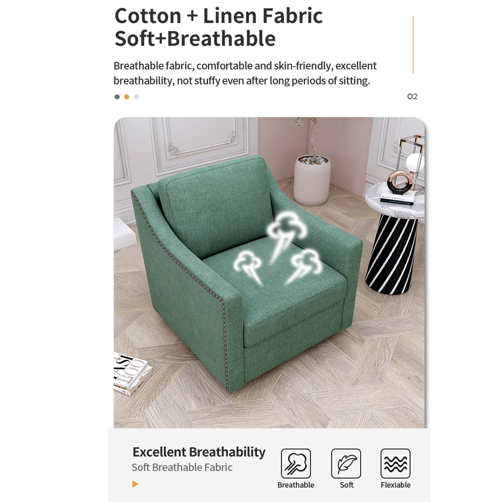 Accent Chair Swivel 360 Degree Linen Blackish Green Brass Nailheads 300 LB