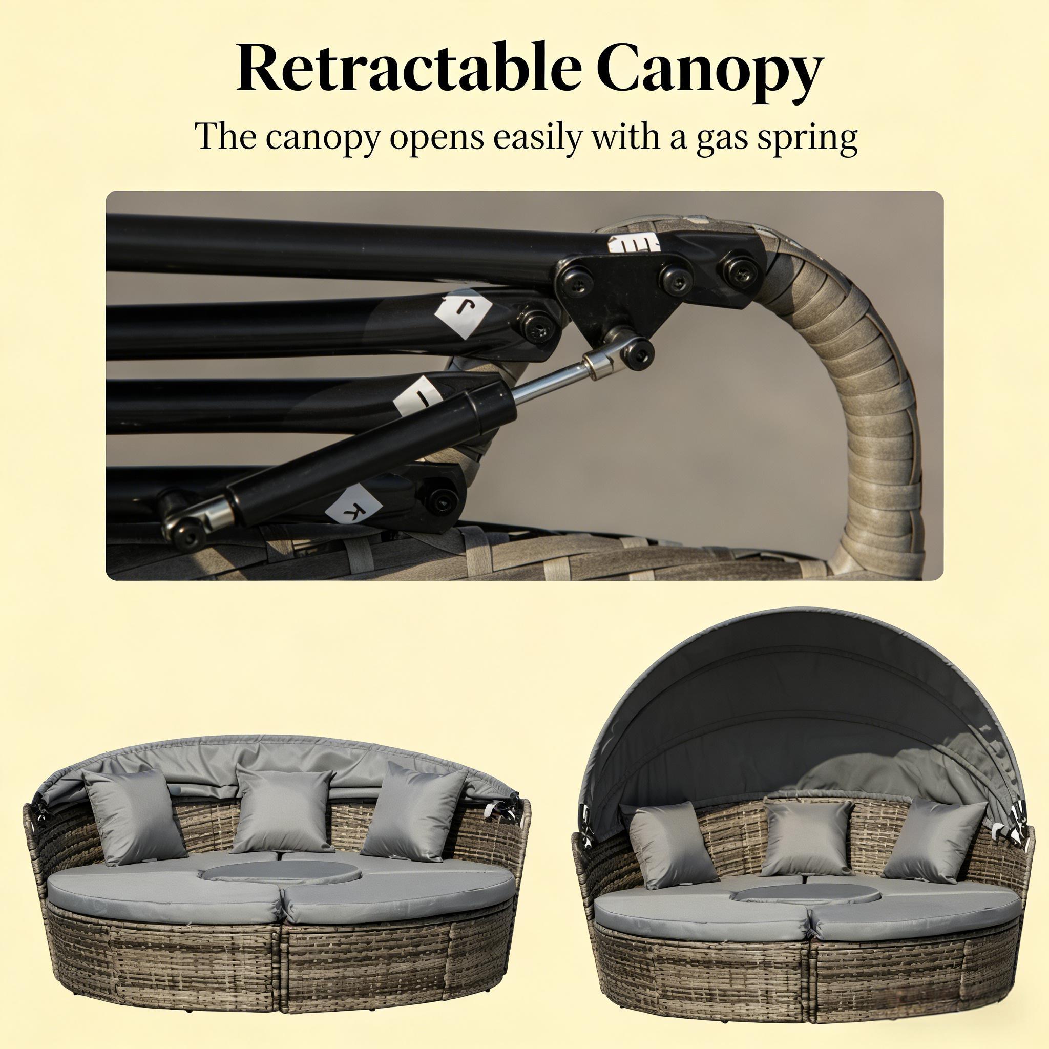 Outdoor Round Daybed Set PE Rattan Dark Gray 4 Piece Canopy 352 lb Cap
