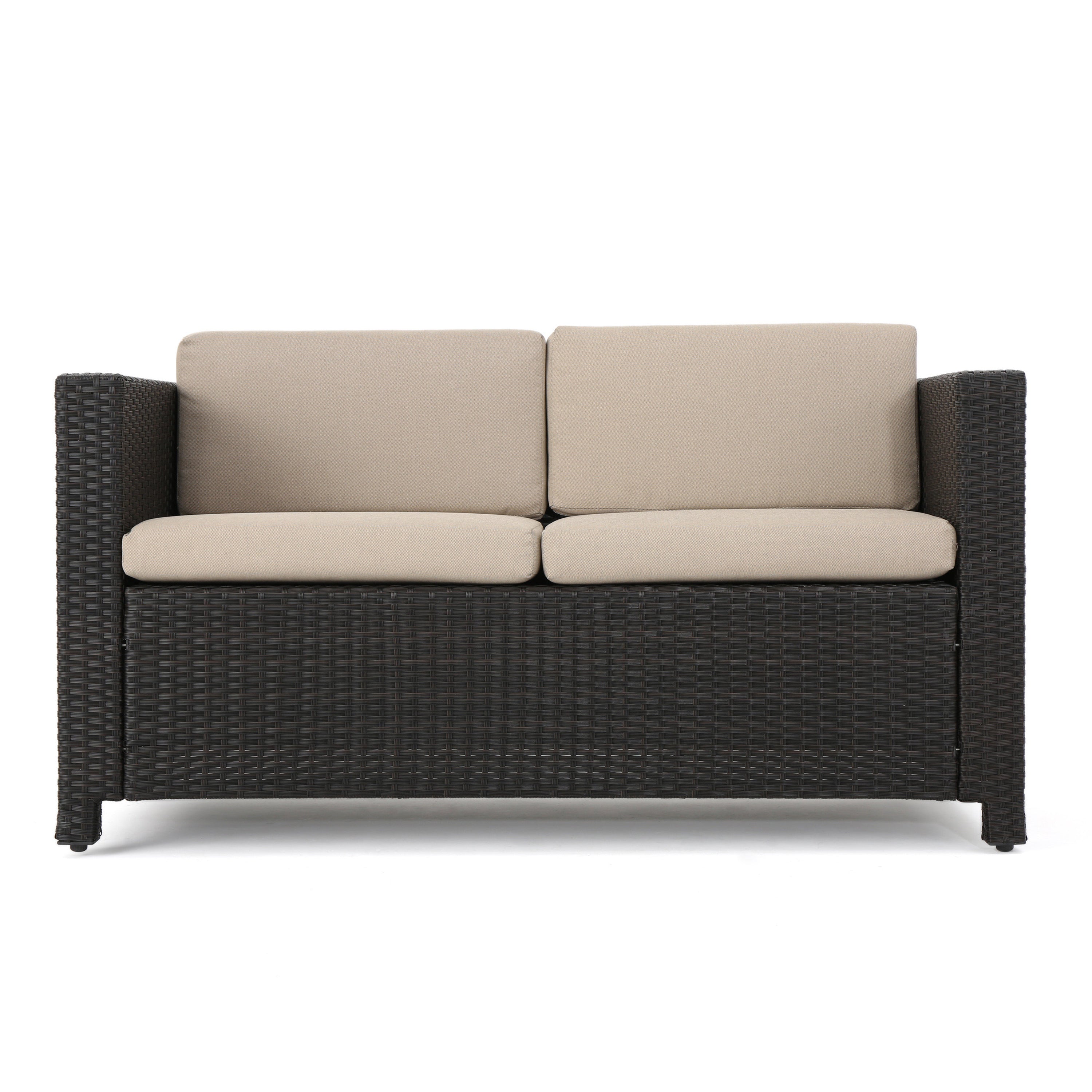 Outdoor Patio Set PE Rattan Dark Brown 4 Piece Loveseat Chairs Coffee Table