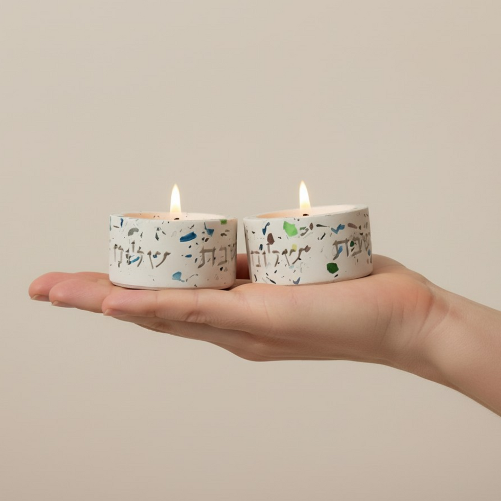 Candleholder designed for Shabbat made of rich terrazzo in luxurious colors, with "Shabbat Shalom" engraving - Terrazzo