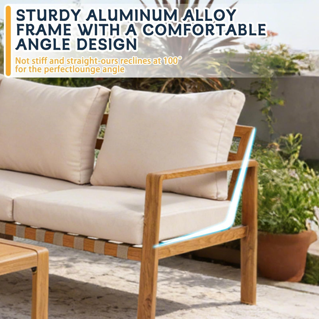 Outdoor Sectional Set Aluminum Woodgrain Yellow Gray L-Shape 4 Pc