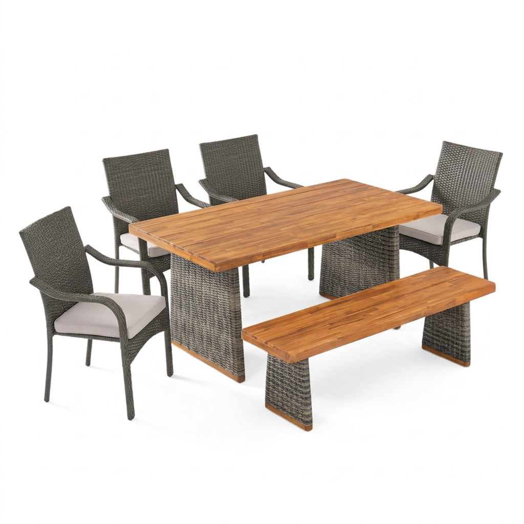 6 Pcs Outdoor Acacia Wood Dining Set with PE Rattan Stacking Chair, Grey