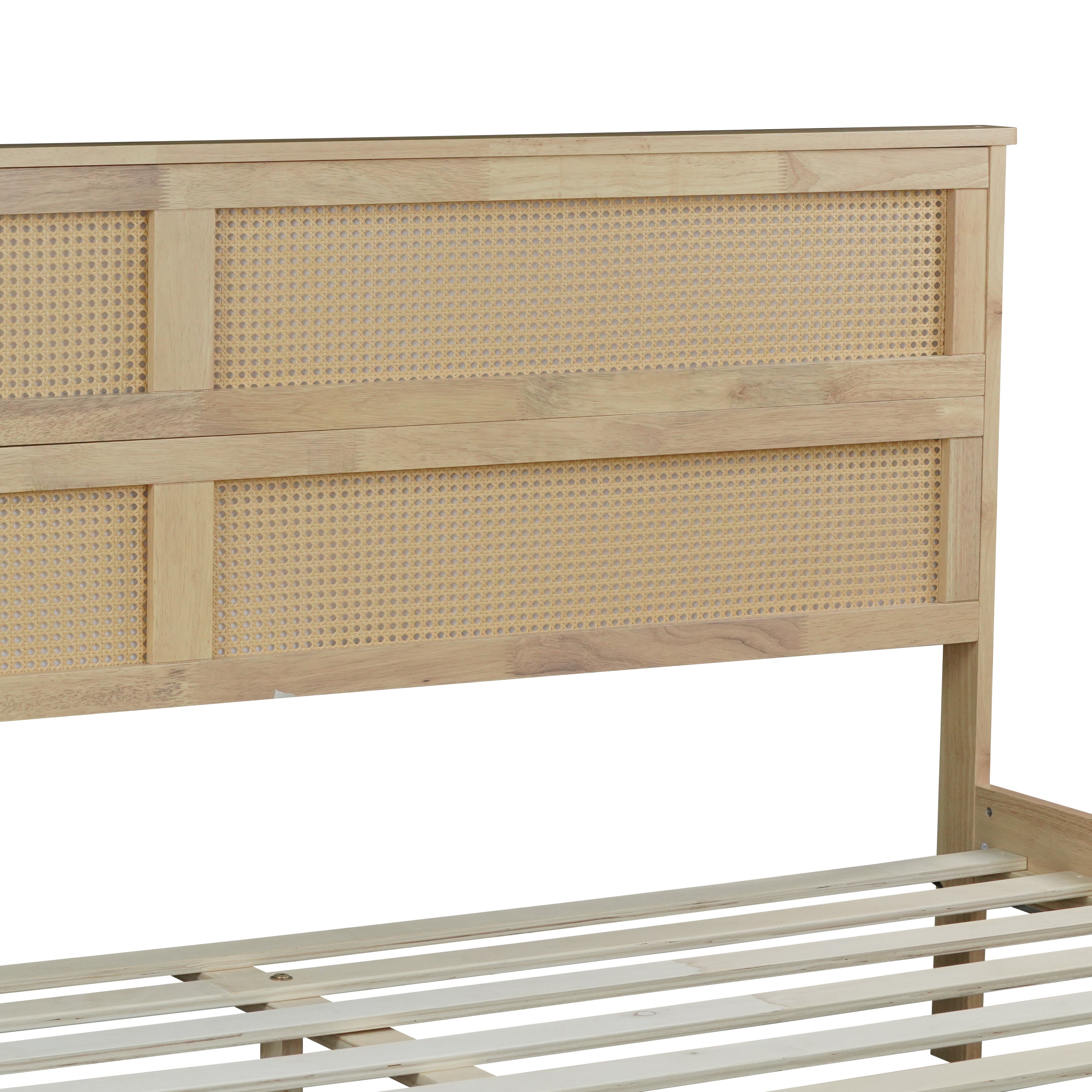 King Size Solid Wood Bed with Rattan Headboard, Rubber Wood Bed with Central