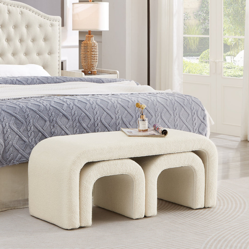 Set of 3 U-Shaped Modern Bench Teddy Ottoman, Cream, 43.5x16.5x19