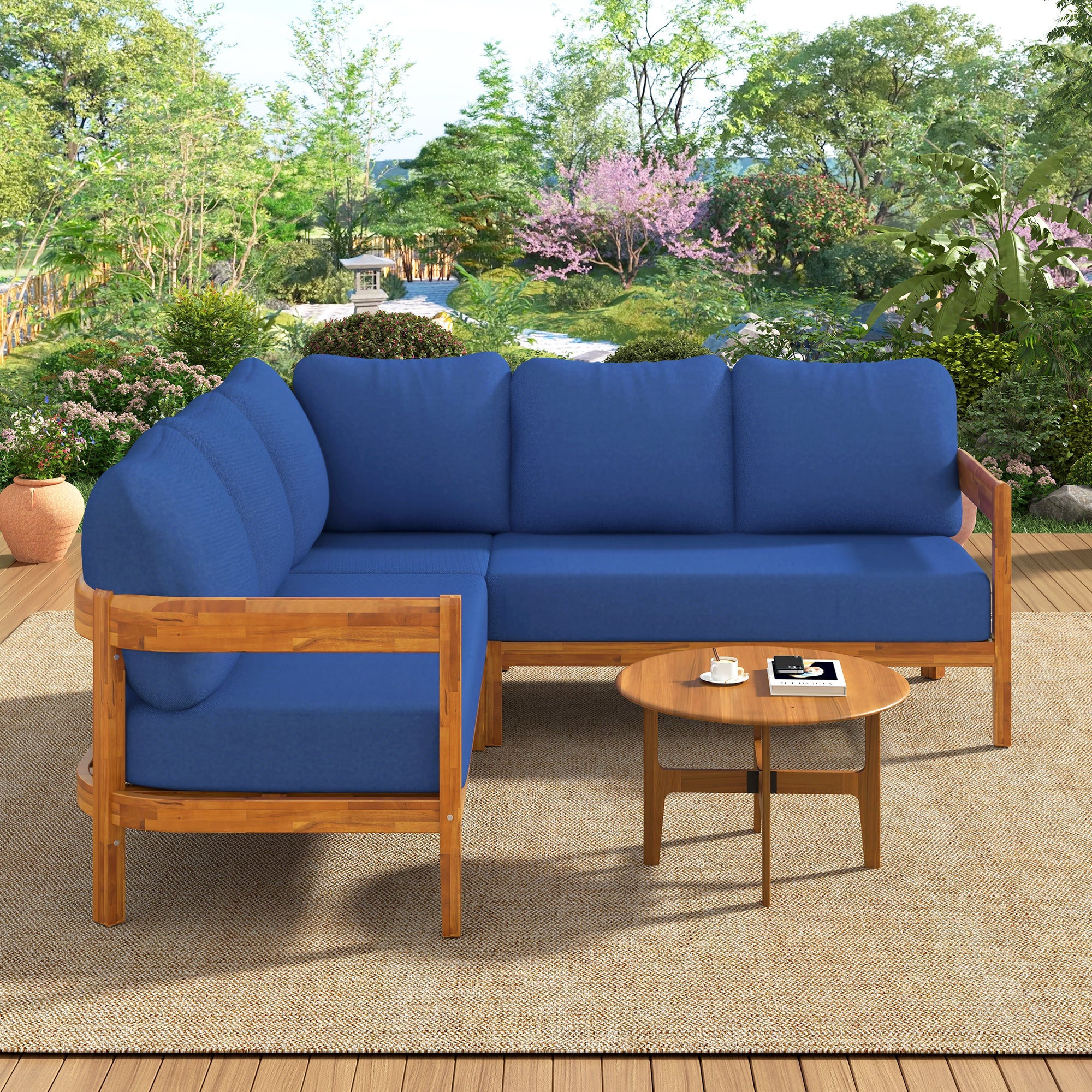Outdoor Sofa Set Acacia Wood Arc Frame Blue Cushions L-Shape 6 Piece