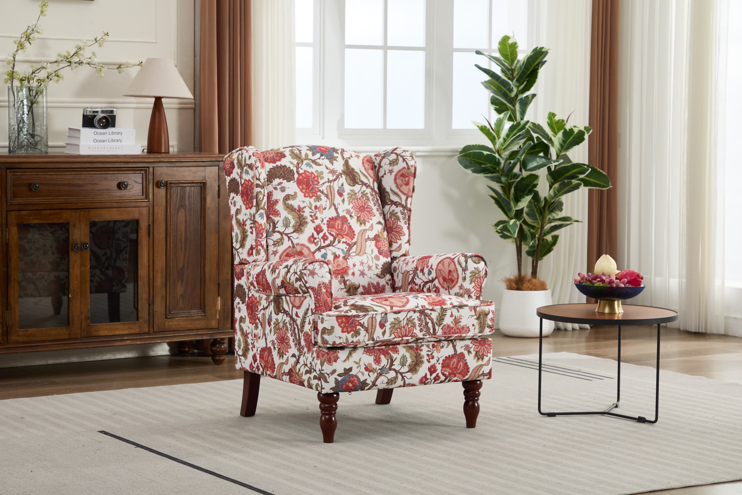 Accent Chair Wingback Linen Floral Red Pine Legs 28x30x38 In