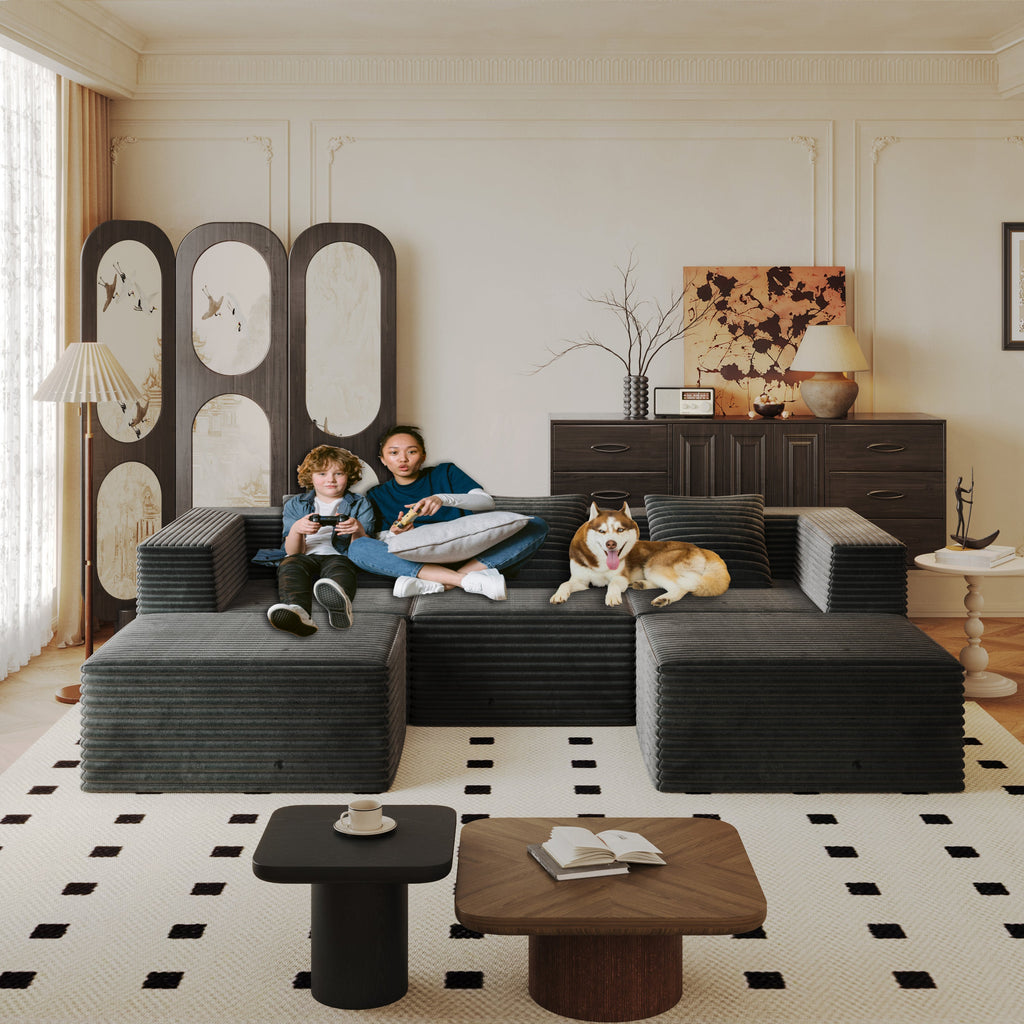 Sectional Sofa Modular Corduroy Gray 3 Seat 2 Ottomans 107 In No Assembly