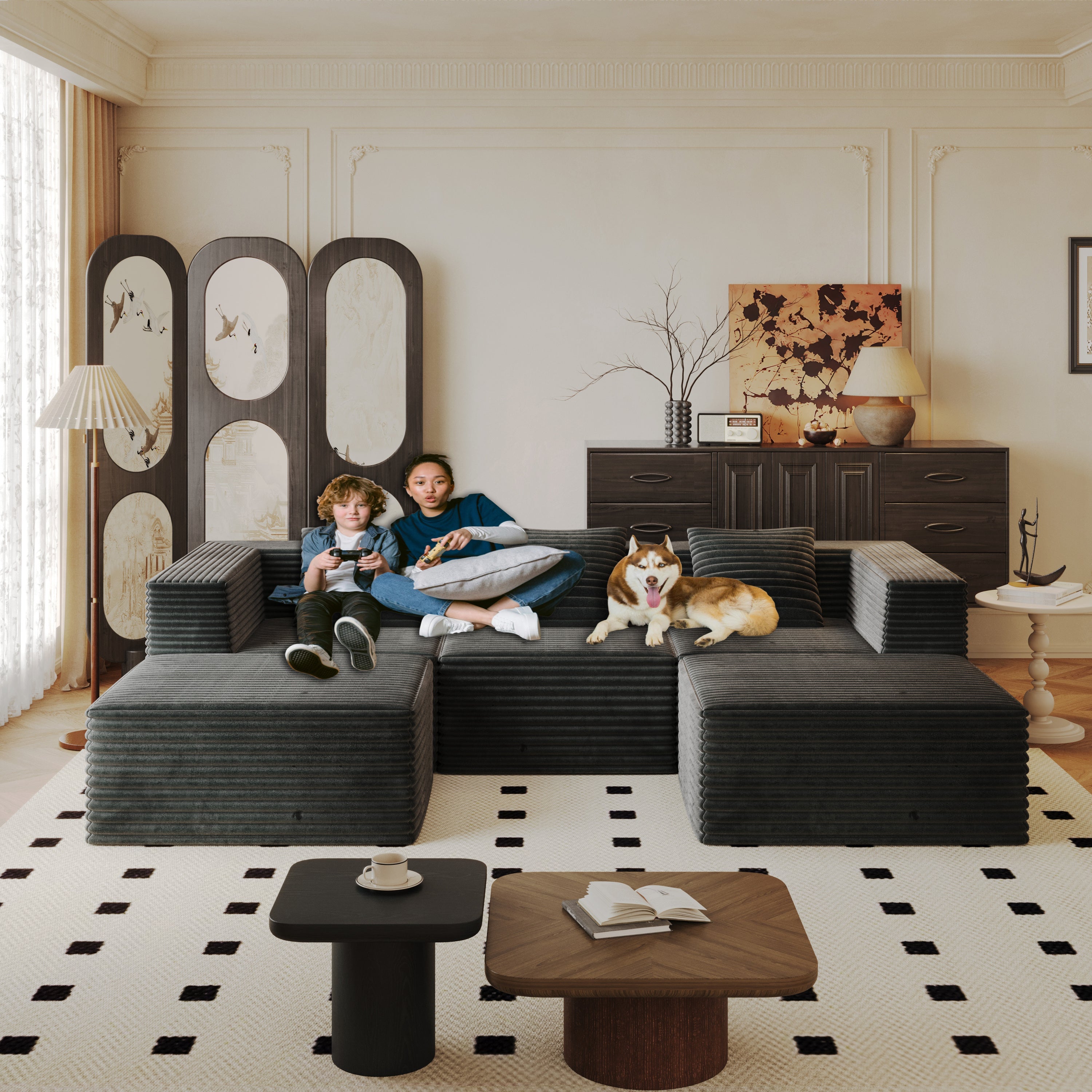 Sectional Sofa Modular Corduroy Gray 3 Seat 2 Ottomans 107 In No Assembly