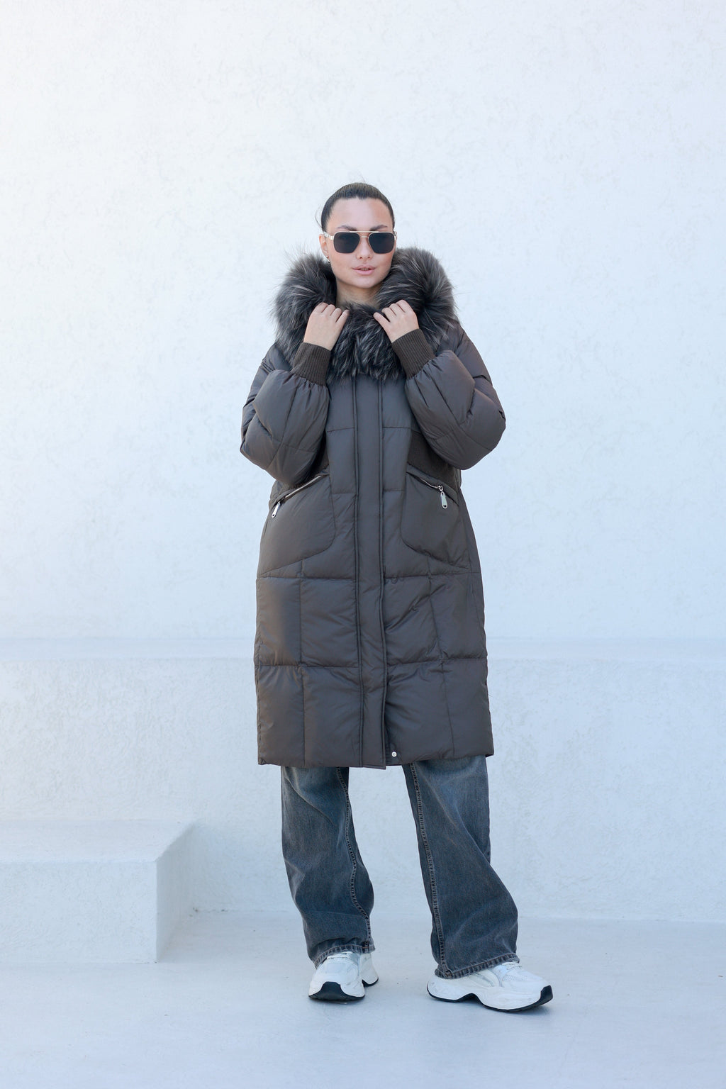 Lauren Genuine Fur Trim Down Fill Coat in Tobacco