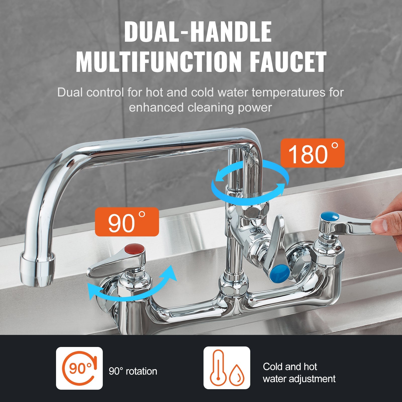 Commercial Faucet with Pre-Rinse Sprayer, 44' Height, 8' Center, 12' Swing Spout, Wall Mount Kitchen Sink Faucet, Brass Constructed Device with Pull Down Spray, for 1/2/3 Compartment Sink