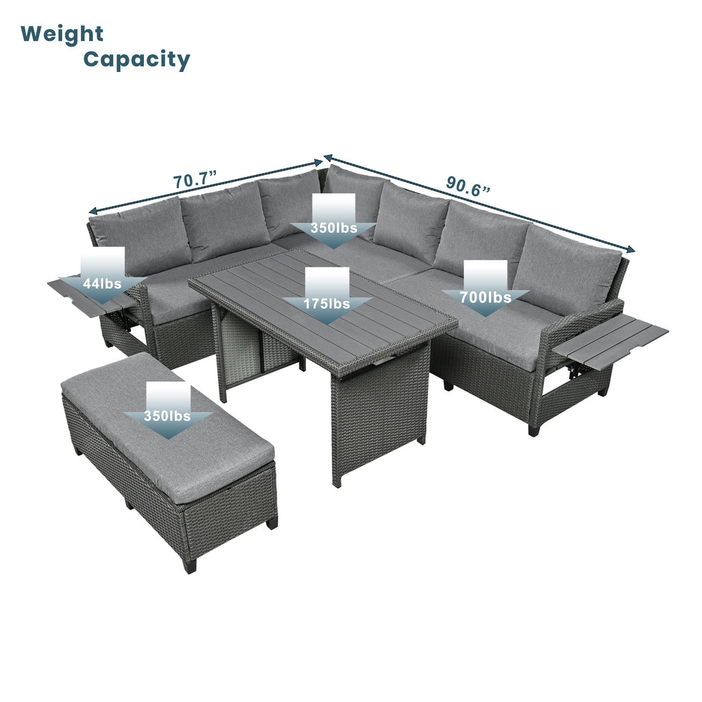 Outdoor Sectional Set PE Wicker Steel Gray 5 Piece L-Shape Seats 7