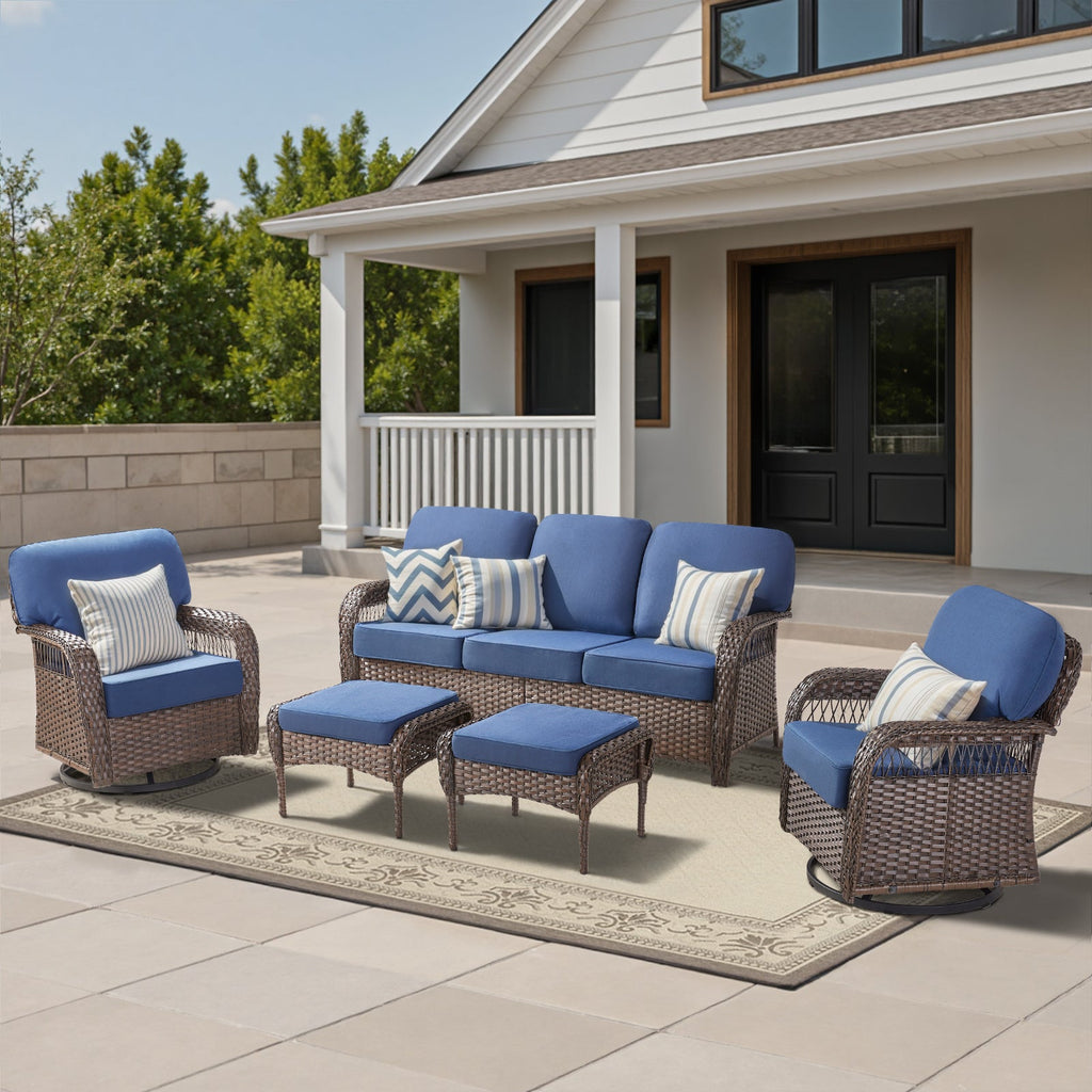 Outdoor Patio Set PE Rattan Blue 5 Piece T-Back Swivel High Back Chairs
