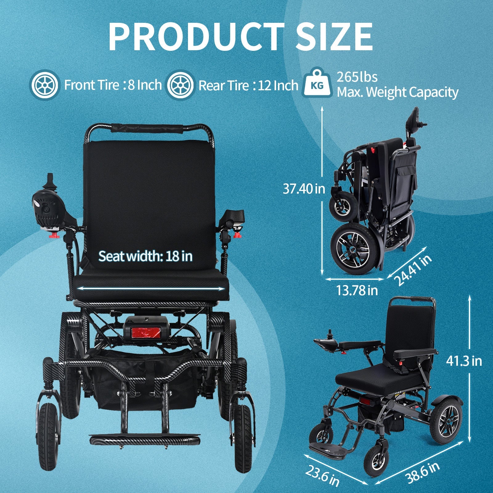 Wheelchair Electric Foldable All Terrain Aluminum 500W Dual Motor 41x24x39 In