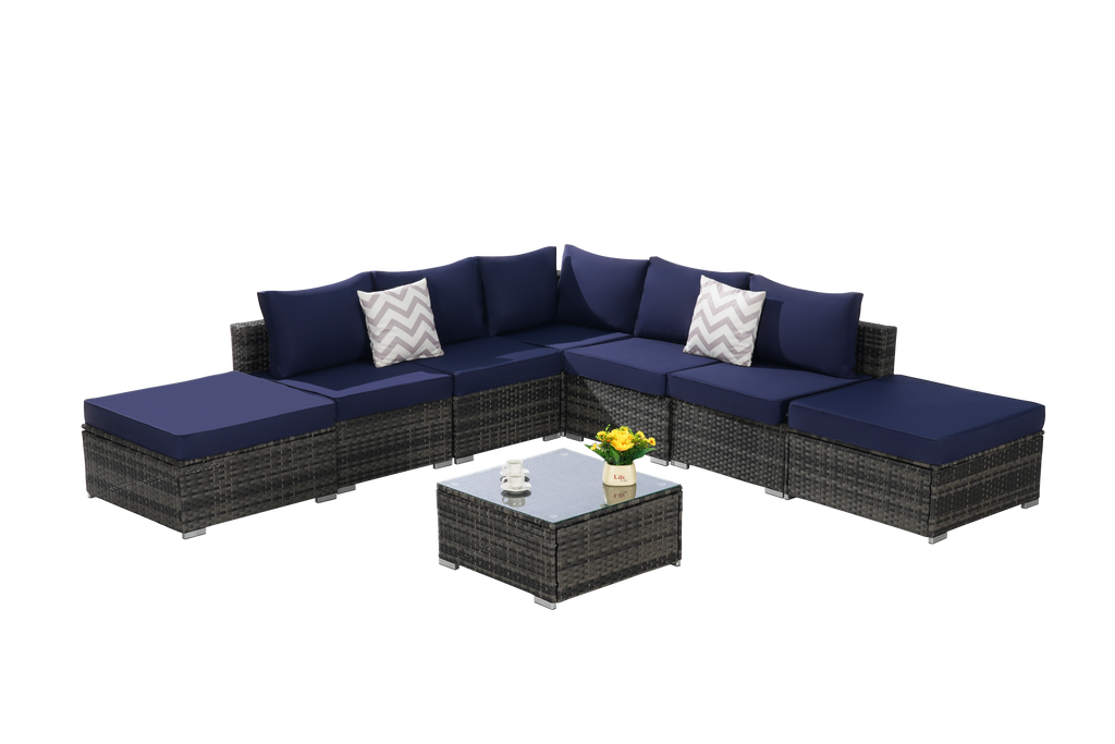 Outdoor Sectional Set PE Rattan Steel Dark Blue 8 Piece Seats 8 380 LB