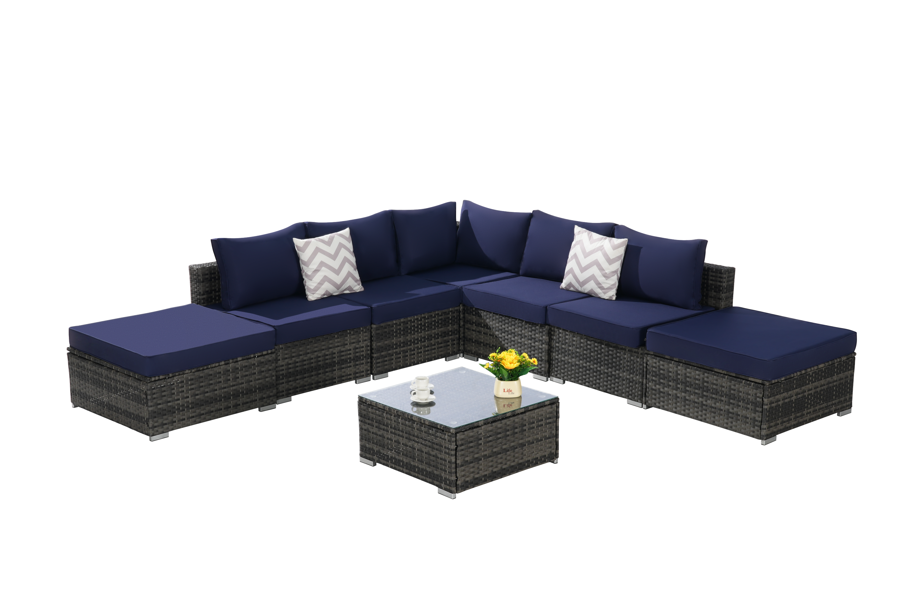 Outdoor Sectional Set PE Rattan Steel Dark Blue 8 Piece Seats 8 380 LB