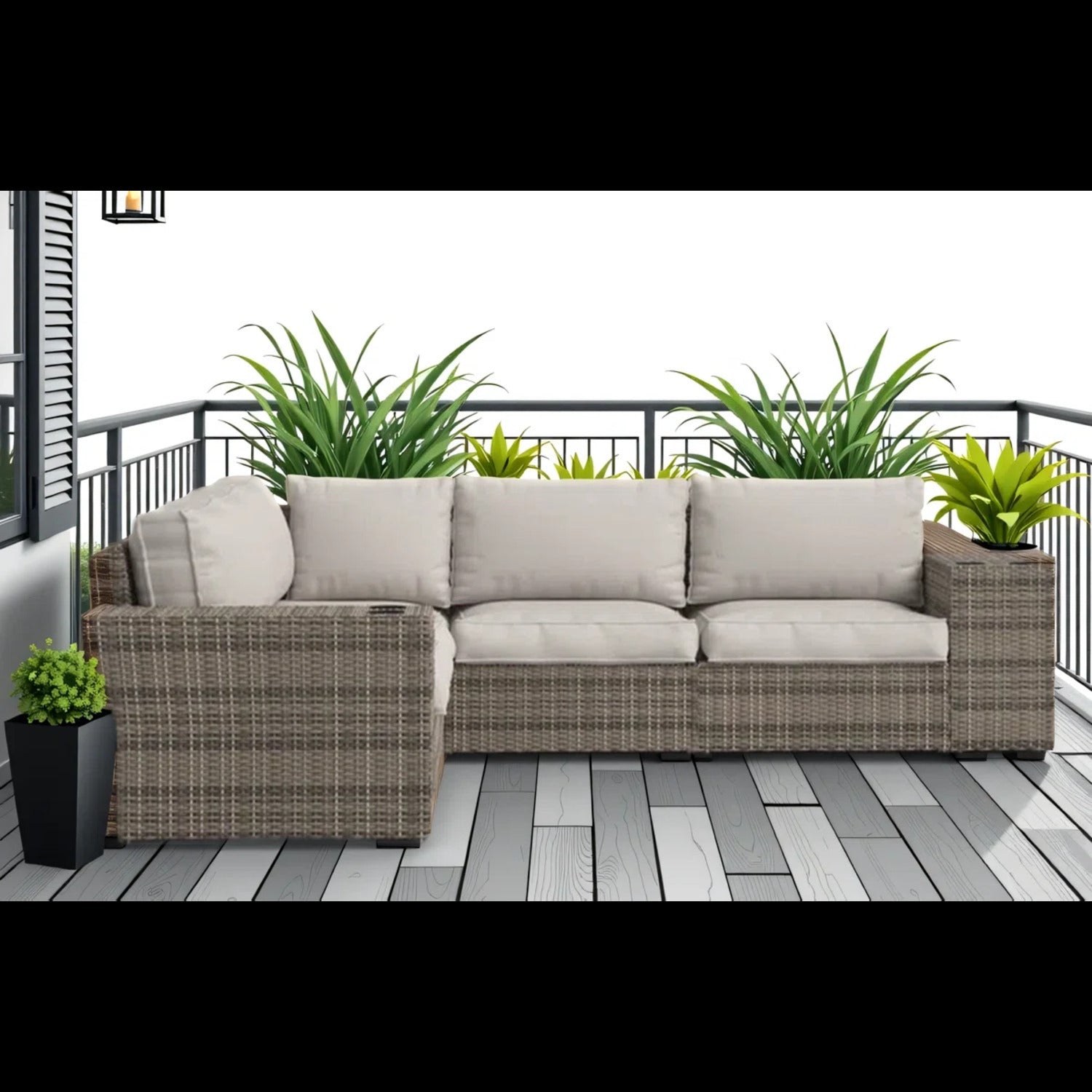 Outdoor Sectional Set HDPE Wicker Aluminum Gray L-Shape 102 In Seats 4