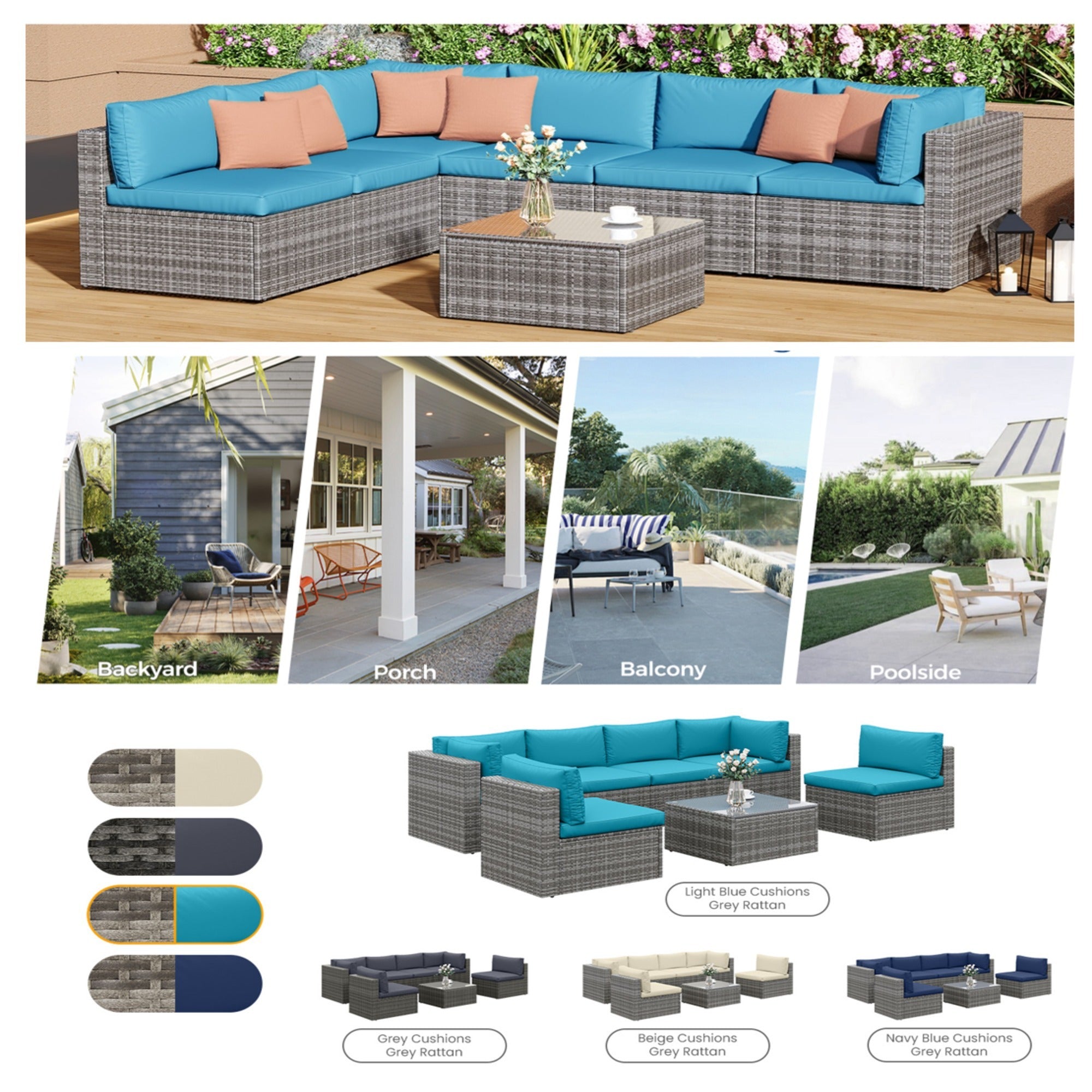 7 Piece Outdoor Sectional Set PE Rattan Gray Blue