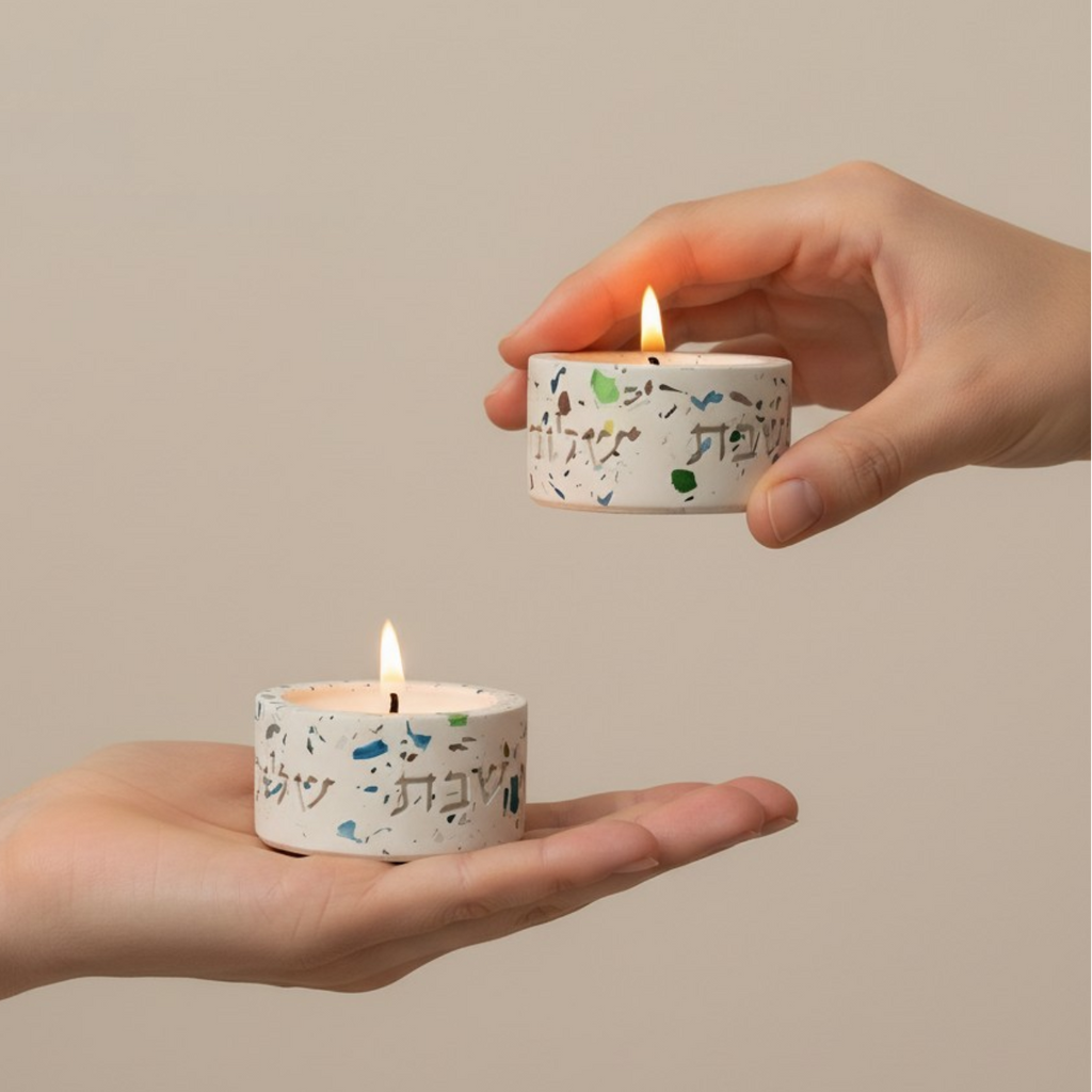 Candleholder designed for Shabbat made of rich terrazzo in luxurious colors, with "Shabbat Shalom" engraving - Terrazzo