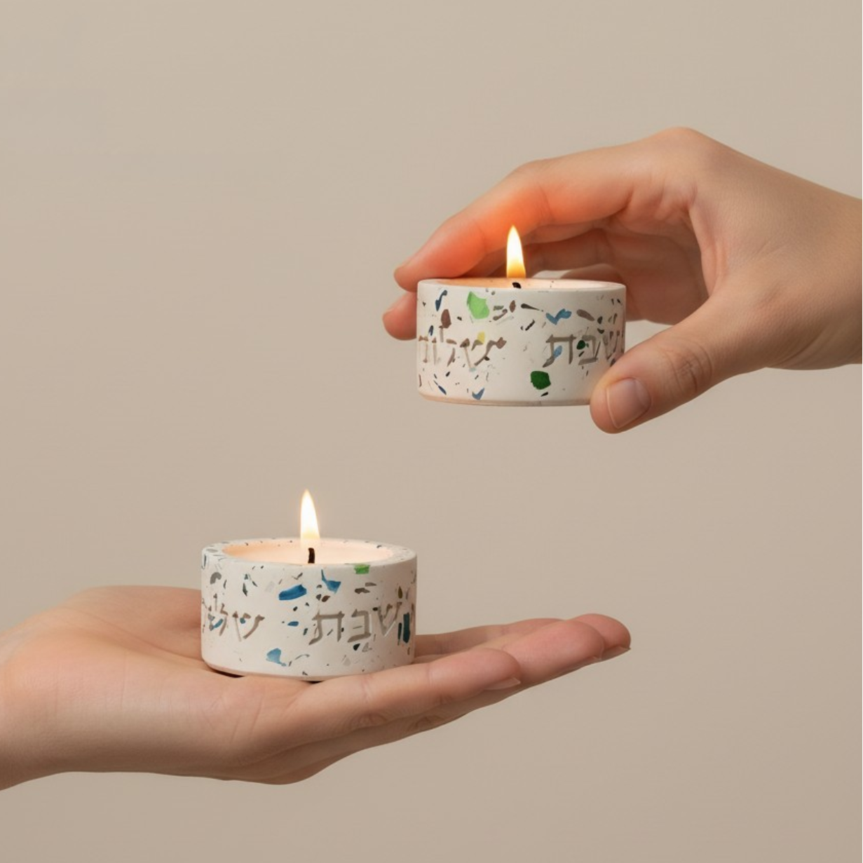 Candleholder designed for Shabbat made of rich terrazzo in luxurious colors, with "Shabbat Shalom" engraving - Terrazzo