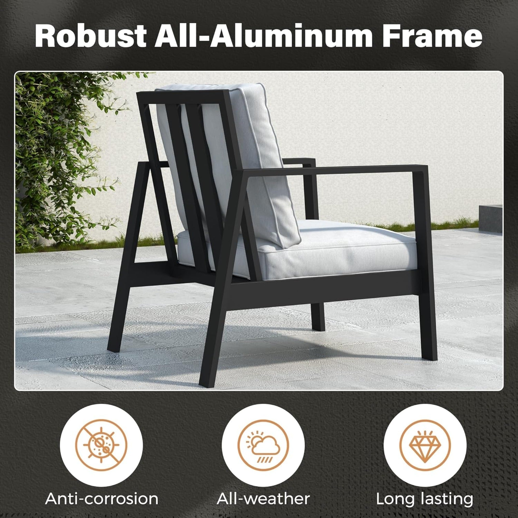 Outdoor Sofa Aluminum Black Light Gray Cushions 3 Seat 75in