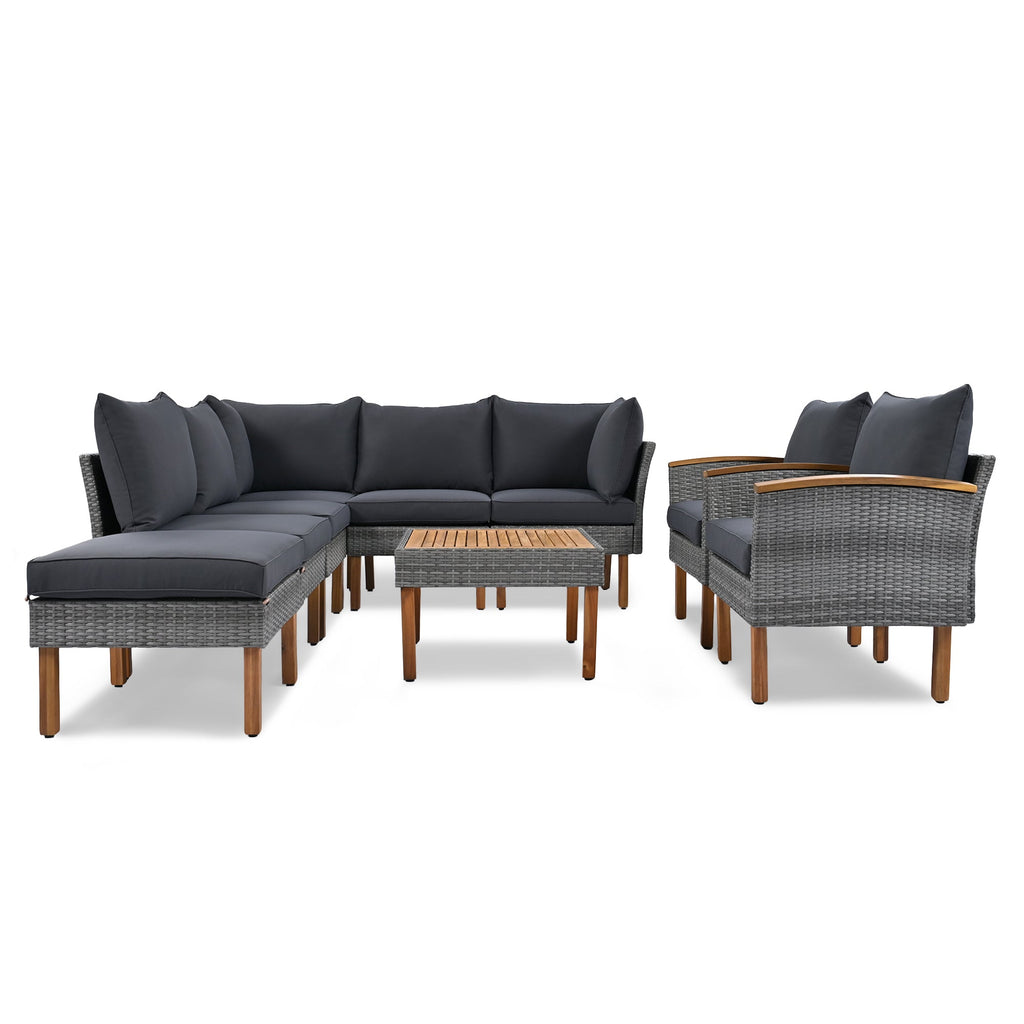 Outdoor Sectional Set PE Rattan Acacia Wood Gray 9 Piece 250 LB