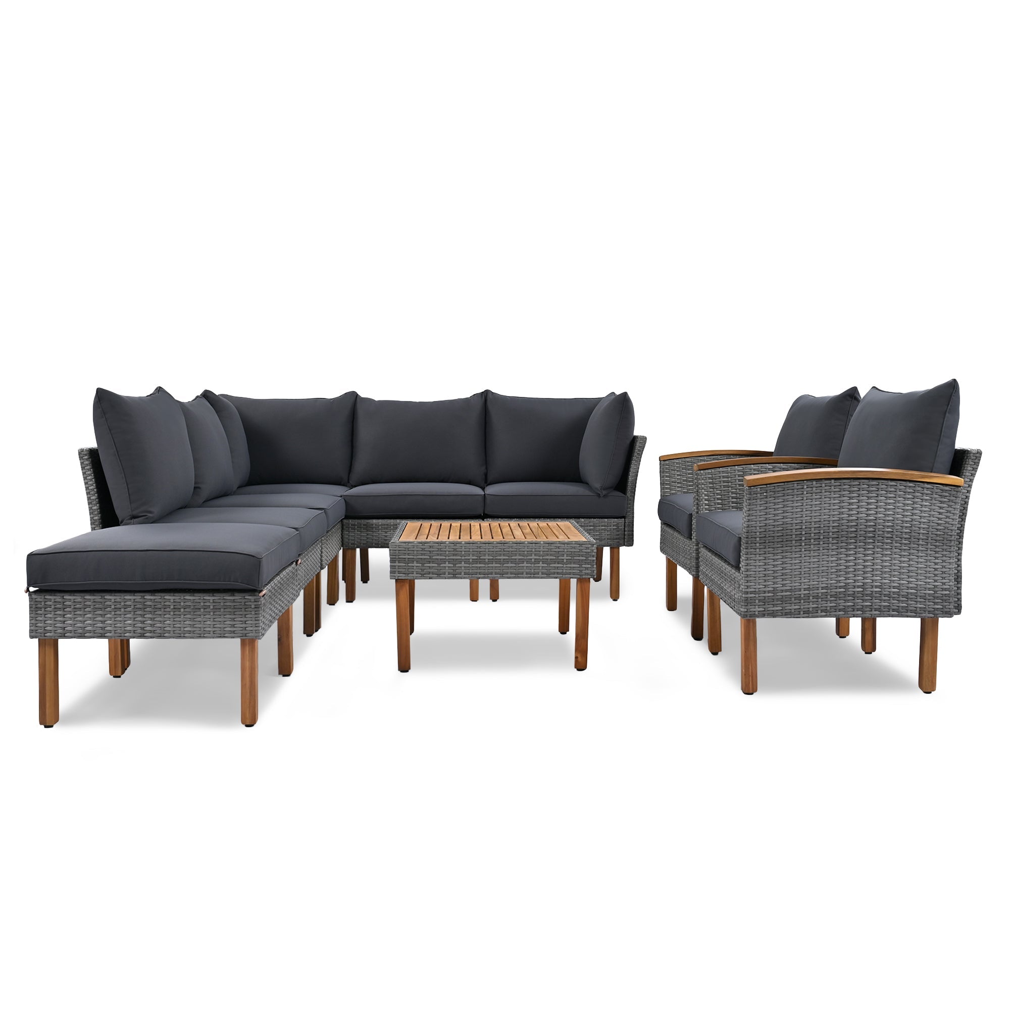 Outdoor Sectional Set PE Rattan Acacia Wood Gray 9 Piece 250 LB