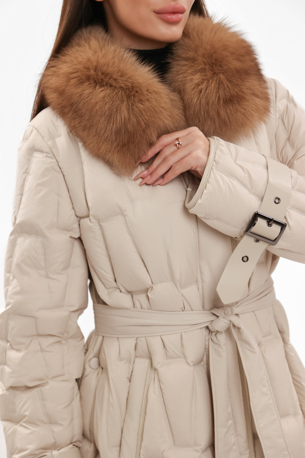 Riley Genuine Fur Trim Down Fill Coat in Ivory