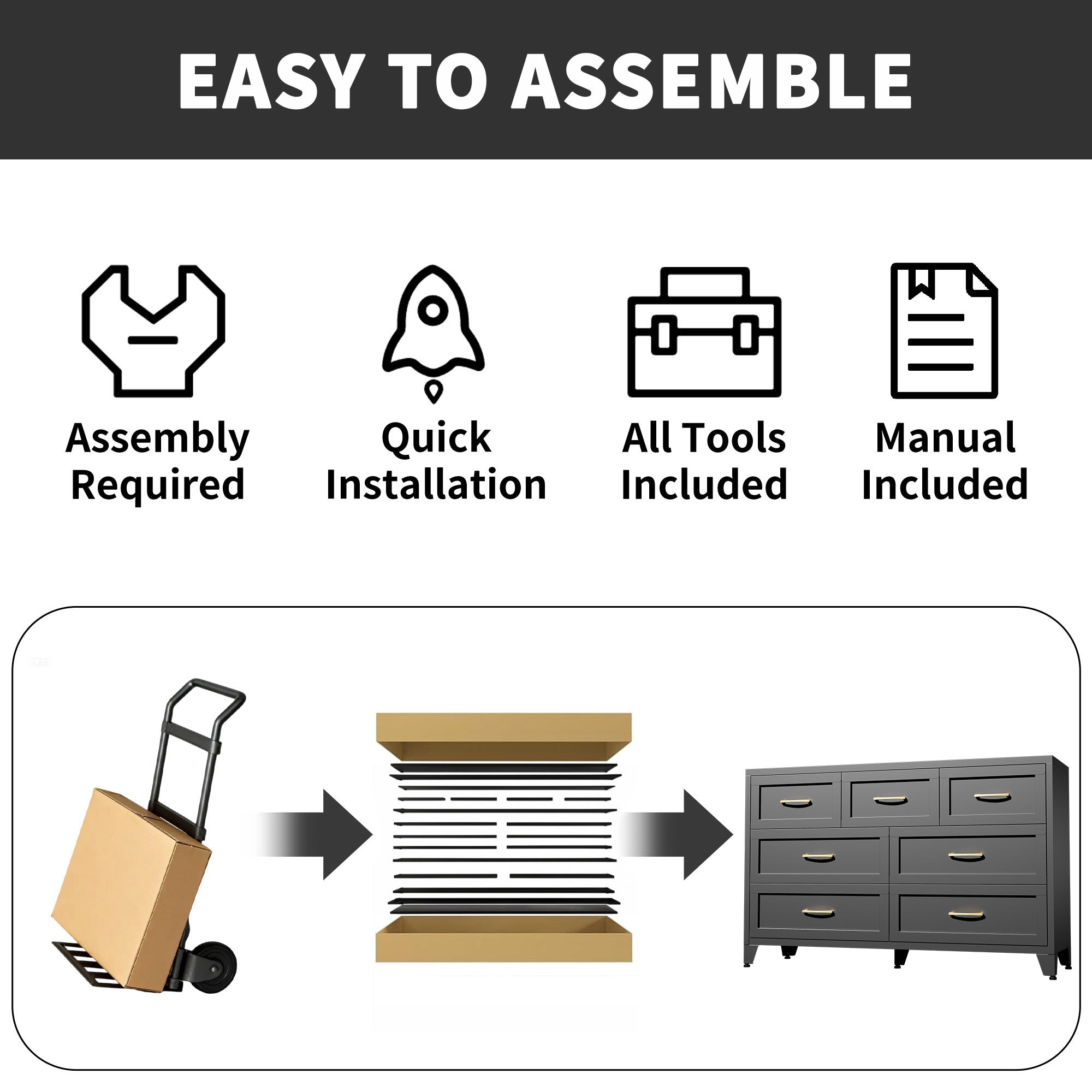 Dresser Low-Profile 7-Drawer Black Steel Smooth Glide 47.3x15.8x30.8 In