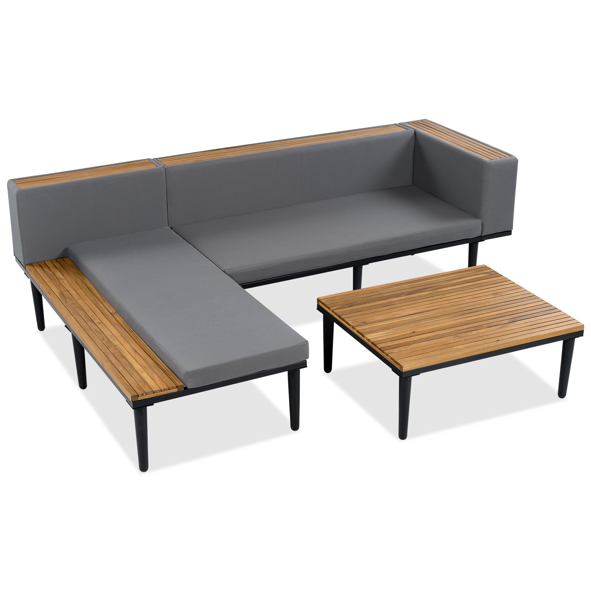 Outdoor Patio Set Acacia Wood Iron Gray L-Shape Seats 6 396 LB