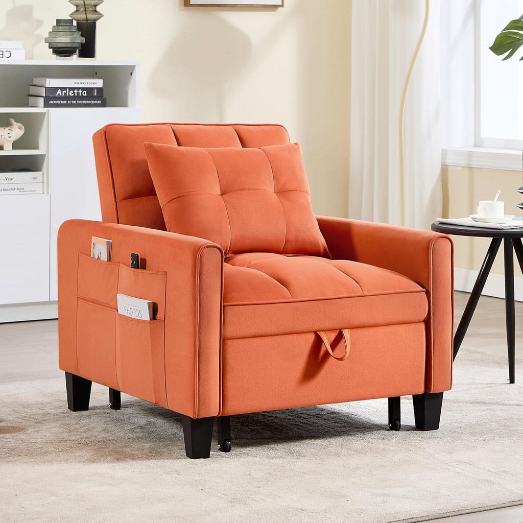 Three In One Velvet Orange Convertible Sleeper Chair