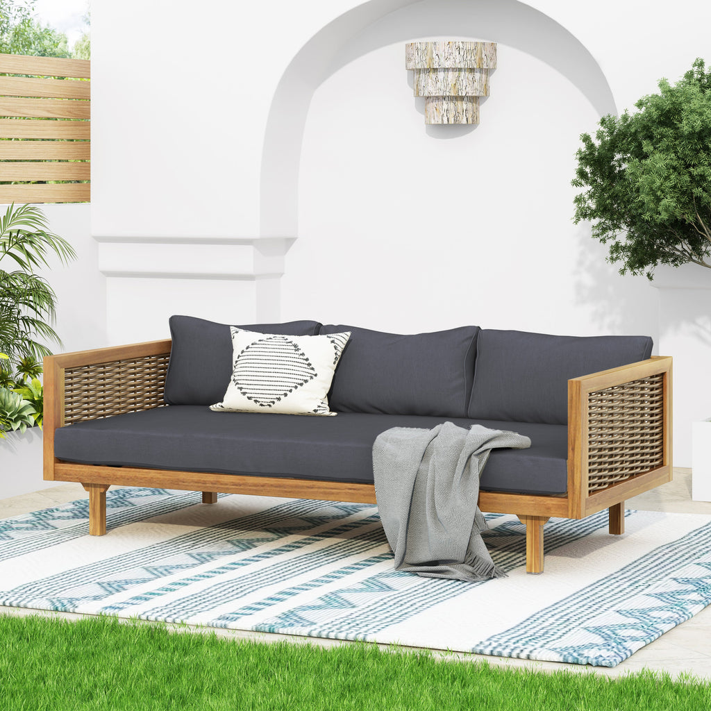 Outdoor Patio Set Acacia Wood Wicker Teak Dark Gray Daybed 2 Piece 600 LB