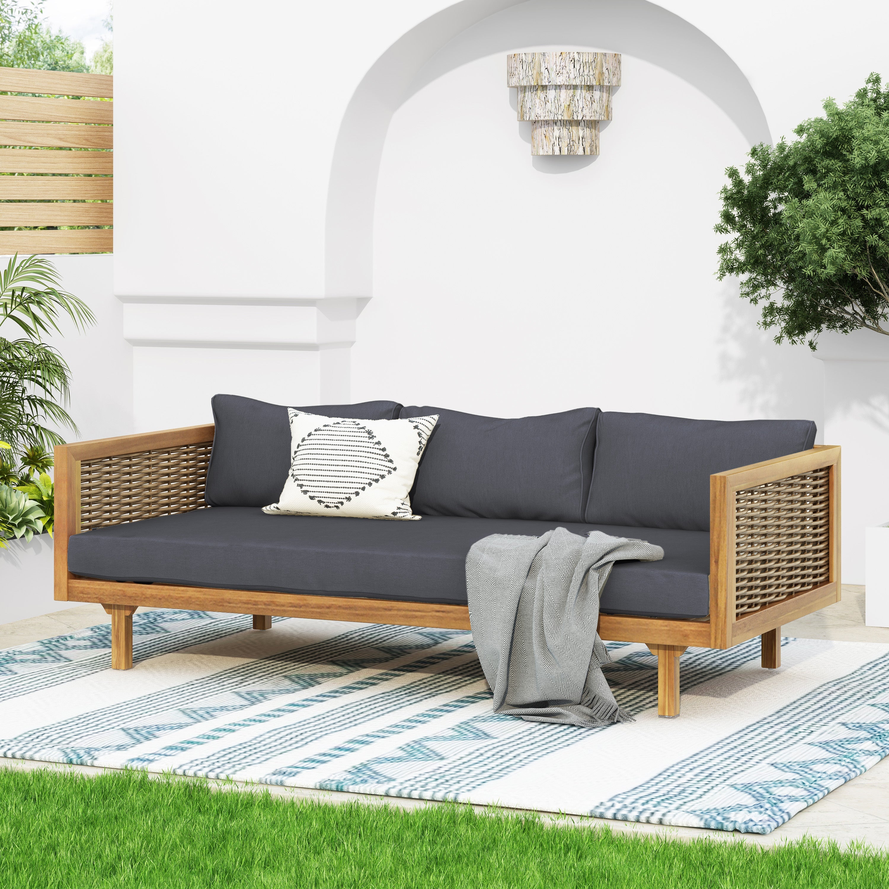 Outdoor Patio Set Acacia Wood Wicker Teak Dark Gray Daybed 2 Piece 600 LB