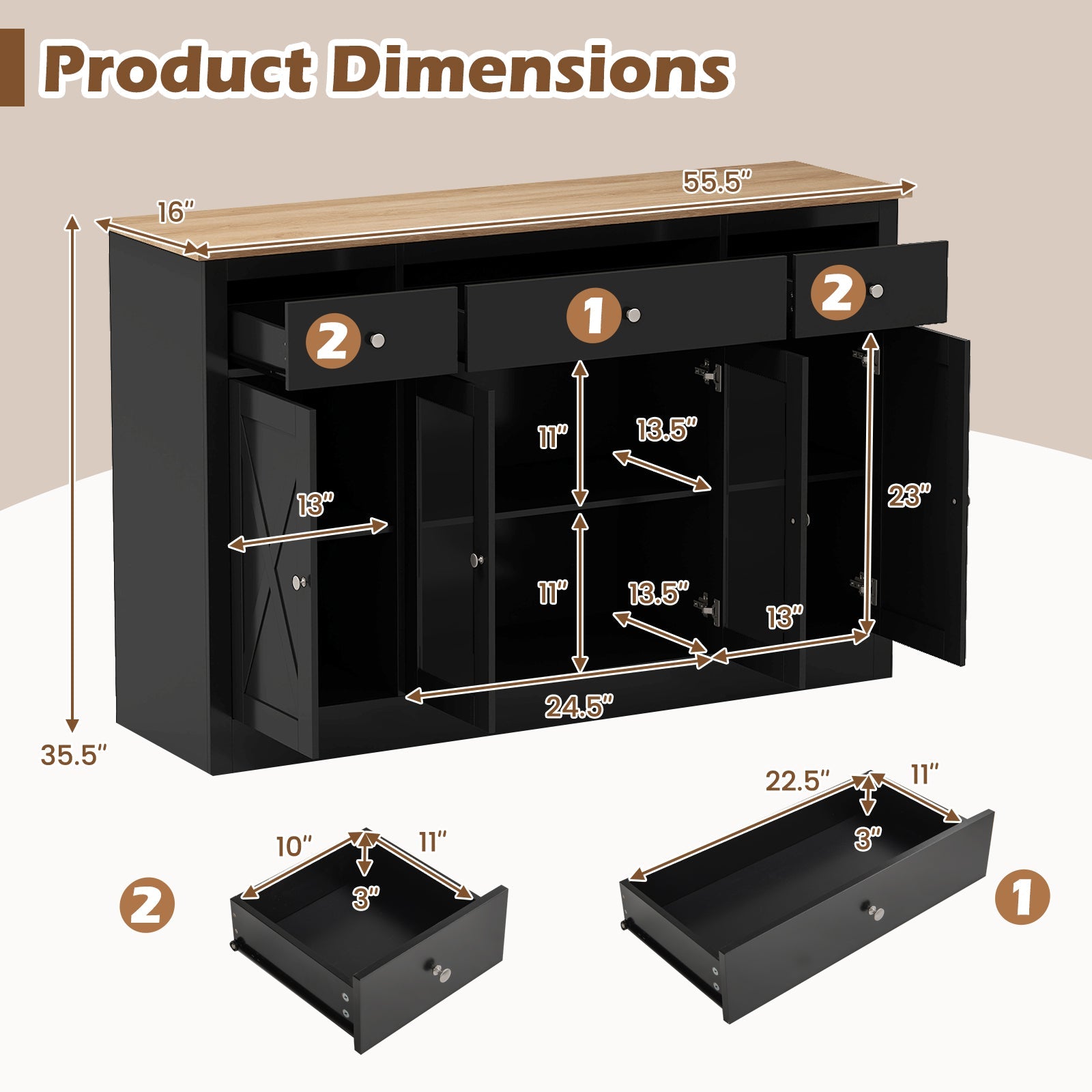 55" Large Buffet Sideboard Kitchen Storage Cabinet with 3 Drawers 2 See-through Doors Adjustable Shelves Wine Bar Table