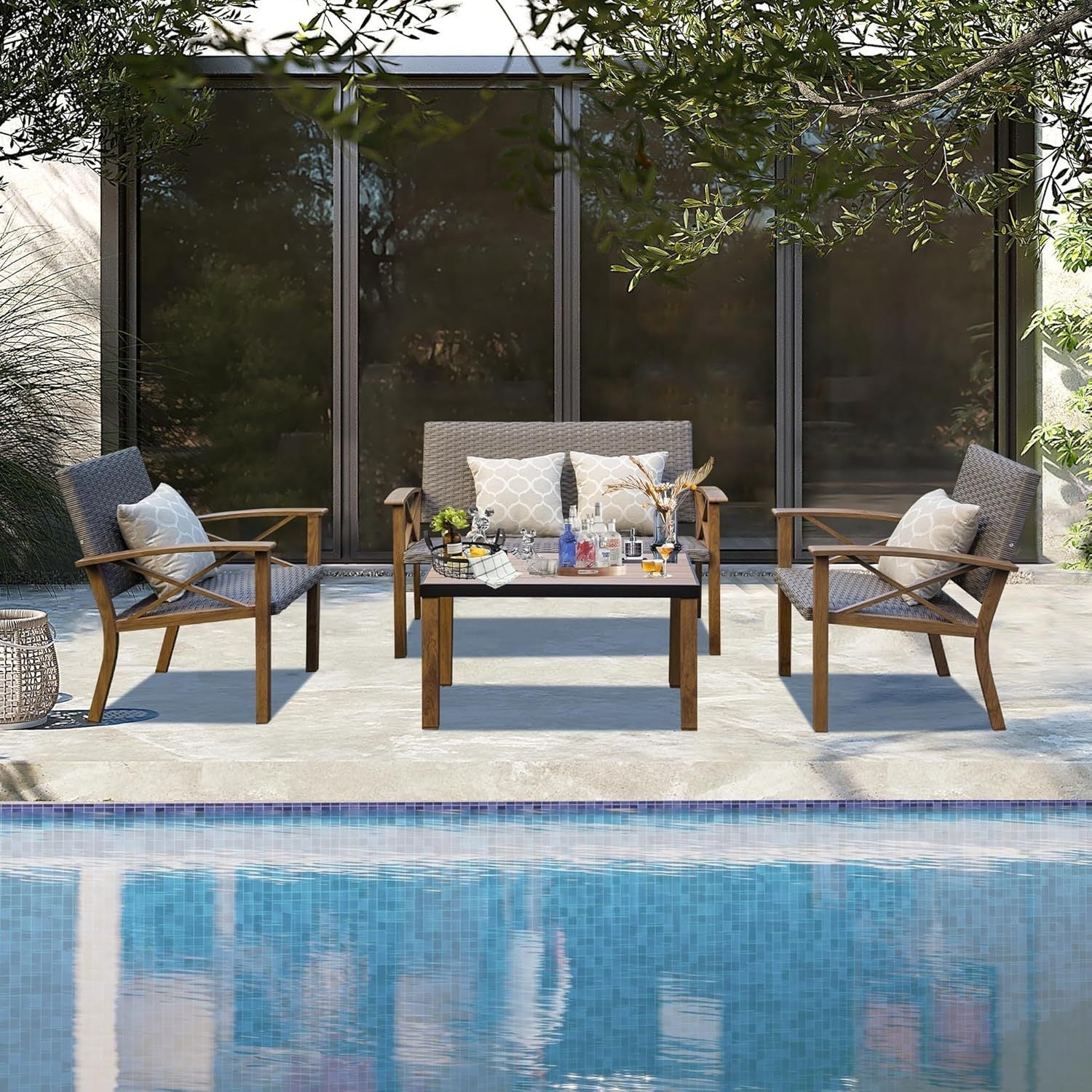 Outdoor Conversation Set Aluminum Woodgrain 4 Piece Sofa 2 Chairs Table