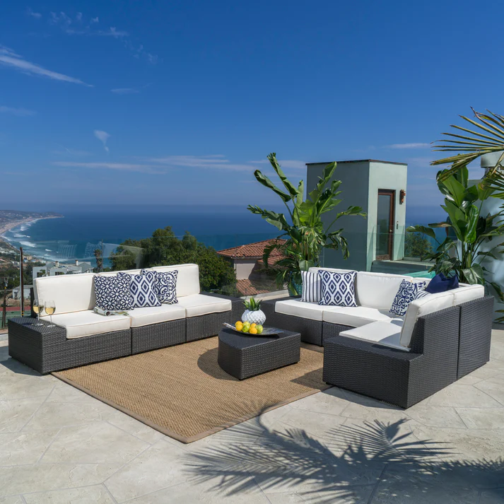 Outdoor Sectional Set PE Rattan Iron Dark Brown 8 Piece