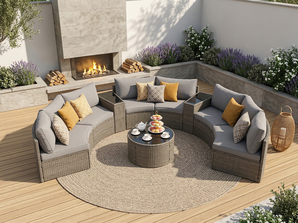 Outdoor Sectional Set PE Rattan Steel Light Gray Half Moon 9 Piece 380 LB