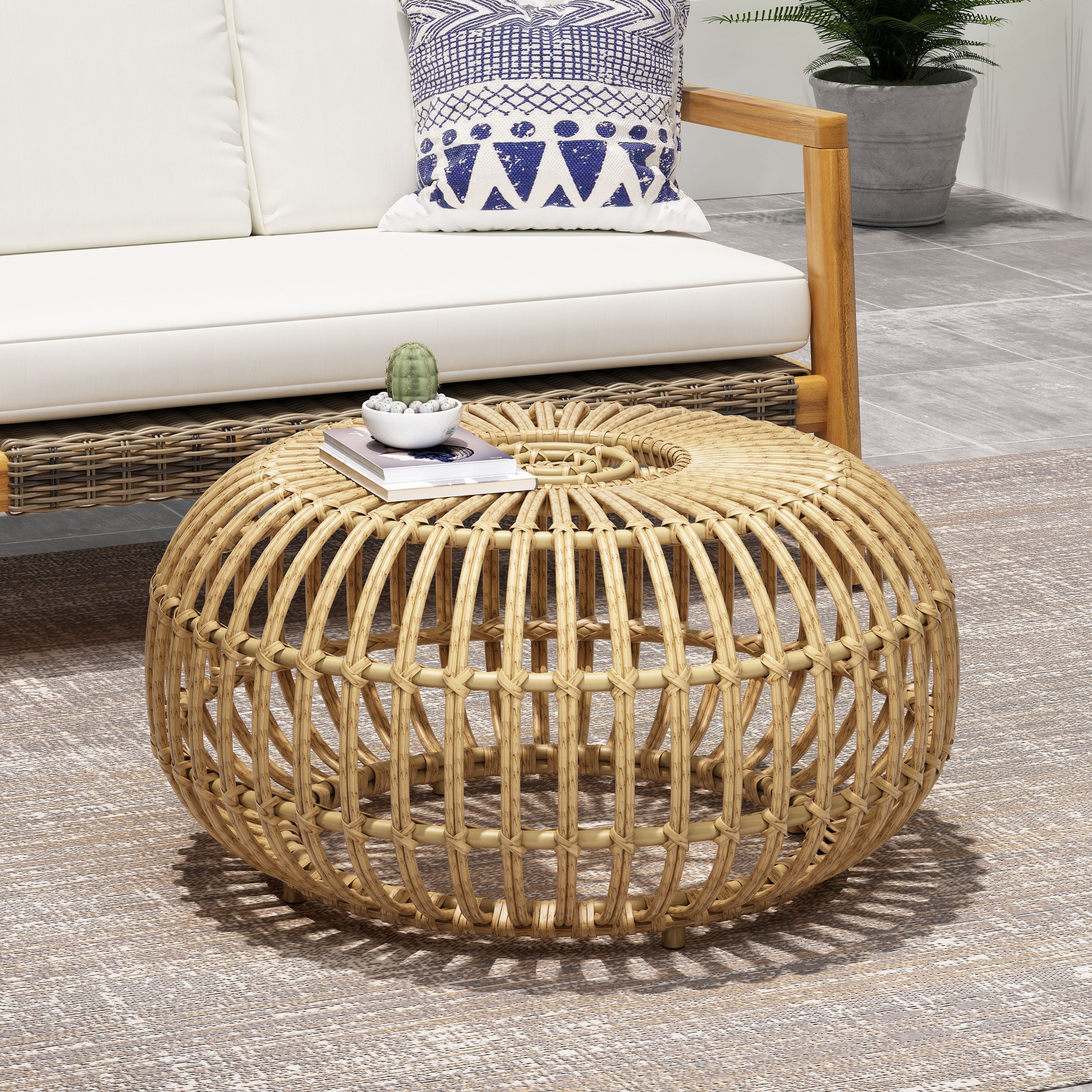 OTTAWA Coffee Table-Bohemian Faux Rattan Weave Accent Table for Indoor Outdoor