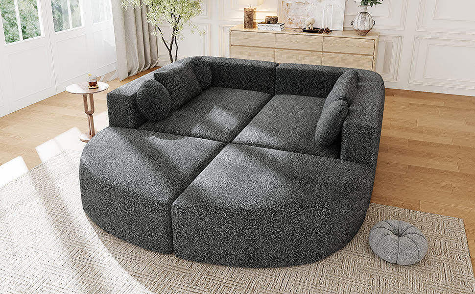 Sectional Sofa U-Shape Modular Boucle Black 6-Seat Deep Seating 114.9x64.5 In