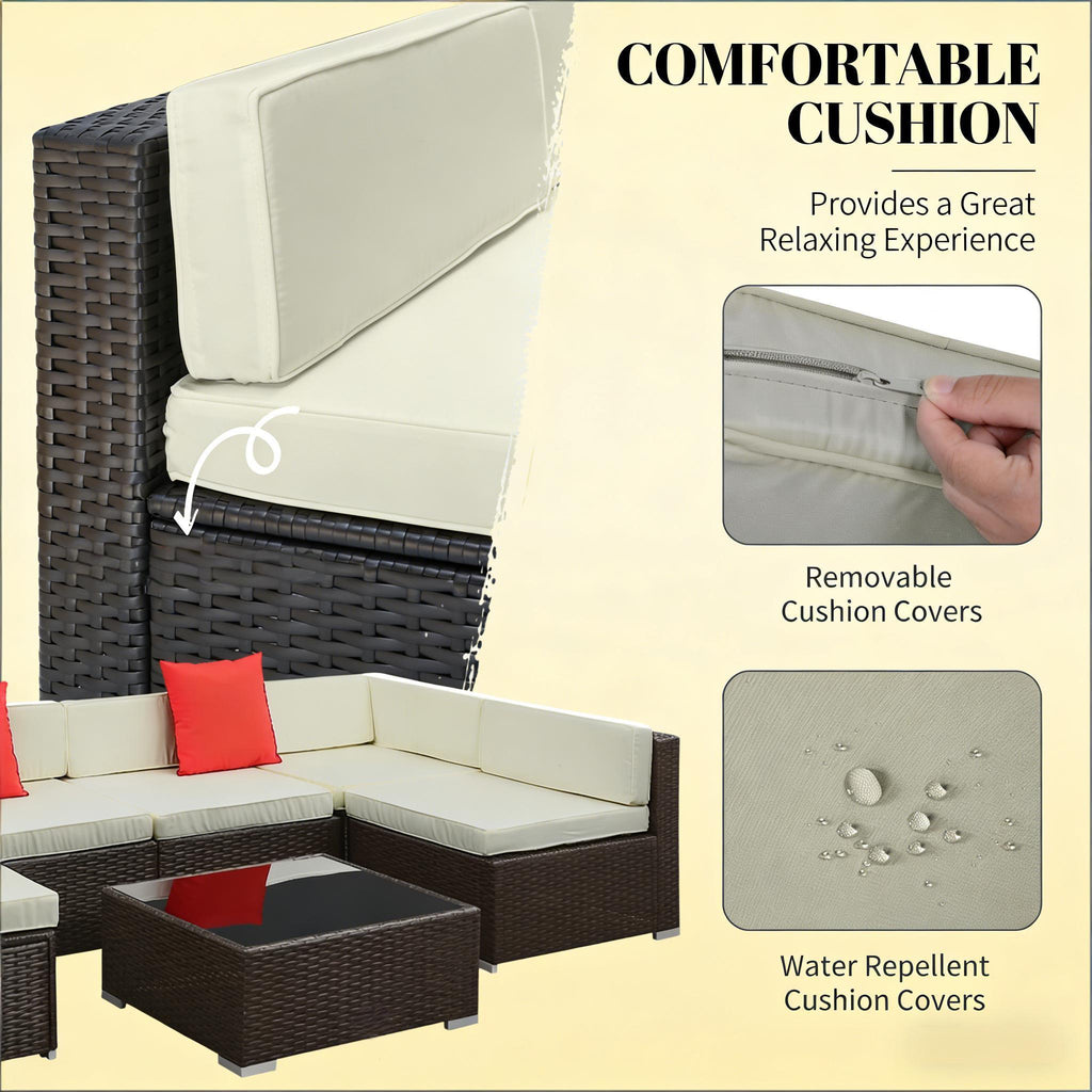 Outdoor Sectional Set PE Rattan Steel Beige Cushion 7 Piece L-Shape Seats 6