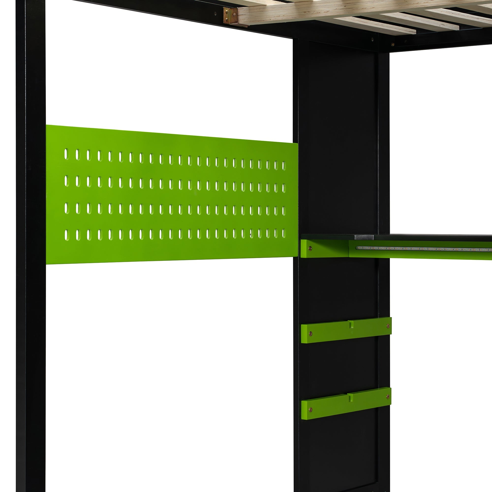Full Size Wood Loft Bed with Desk, Multi-storage Shelves,USB and RGB Light,Green