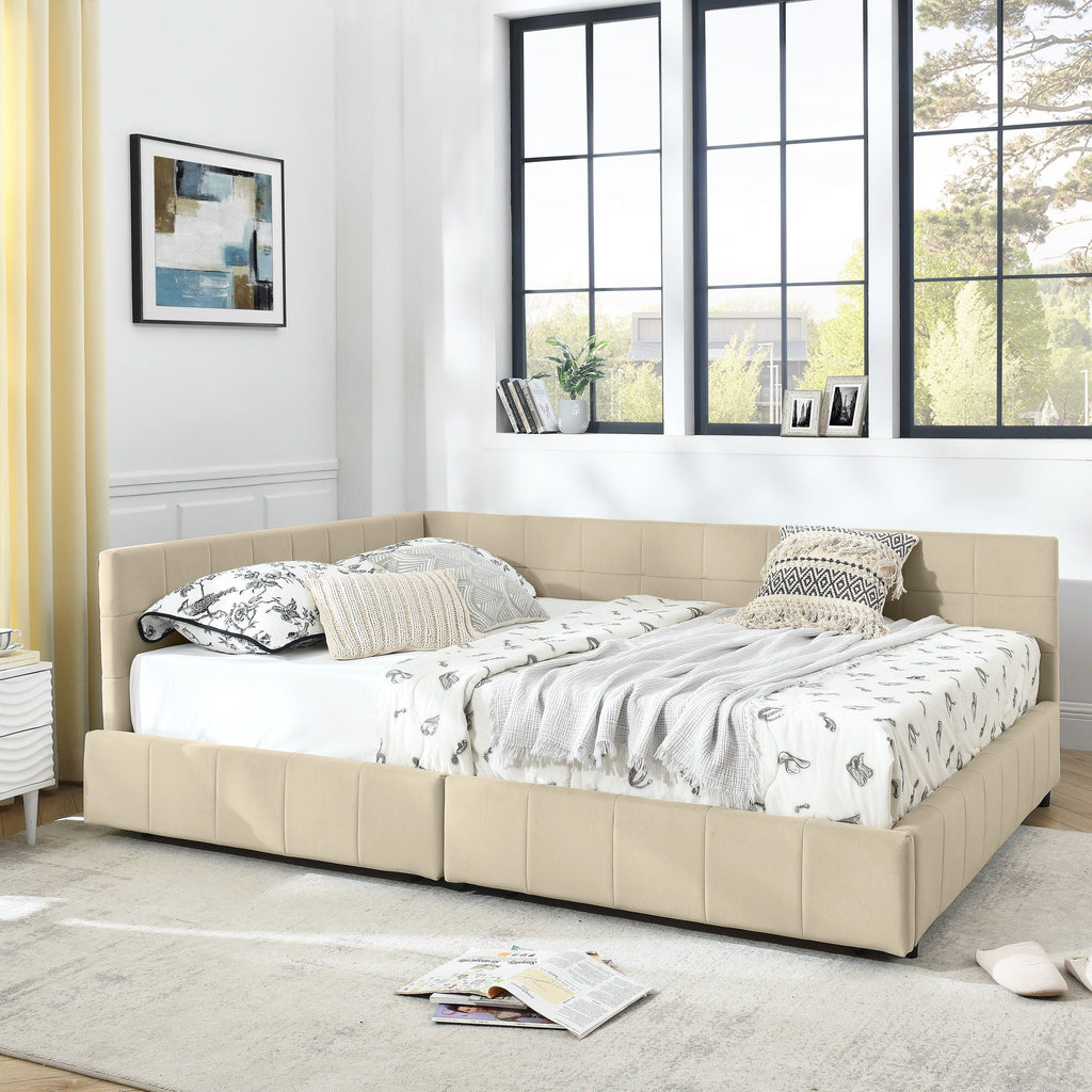 Mid-Century Storage Upholstered Tufted Bed Frame With Backrest And Armrests
