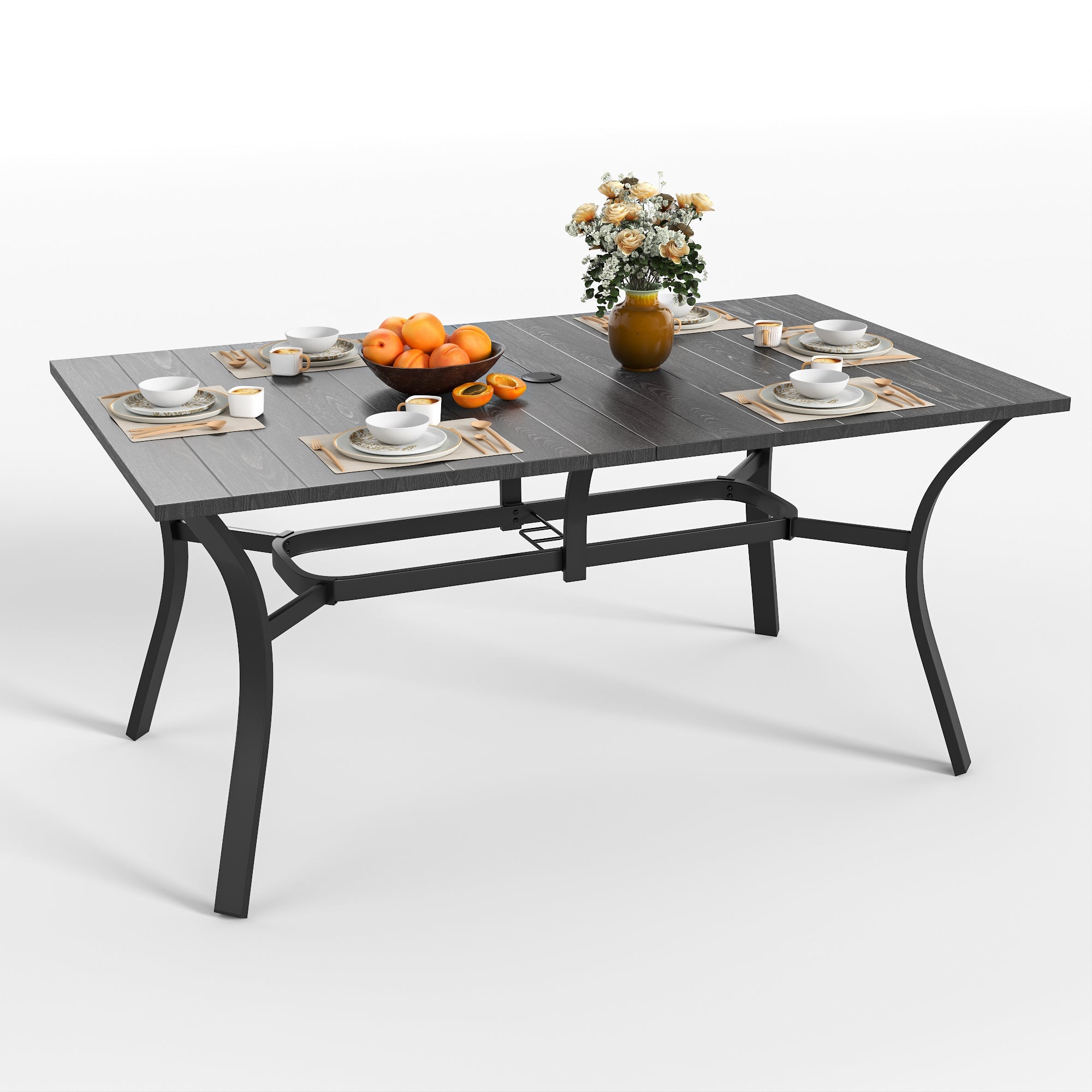7-Piece Outdoor Patio Dining Set, 63' x 38' Rectangular Wood-Grain Metal Table
