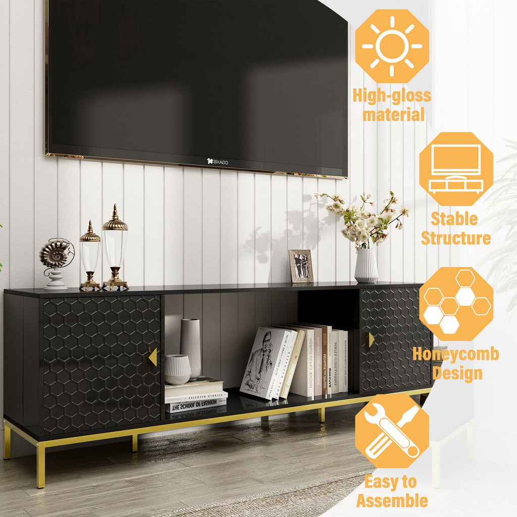 TV Stand Fireplace Space MDF Black Honeycomb Door Gold Legs 80 LB 70 In