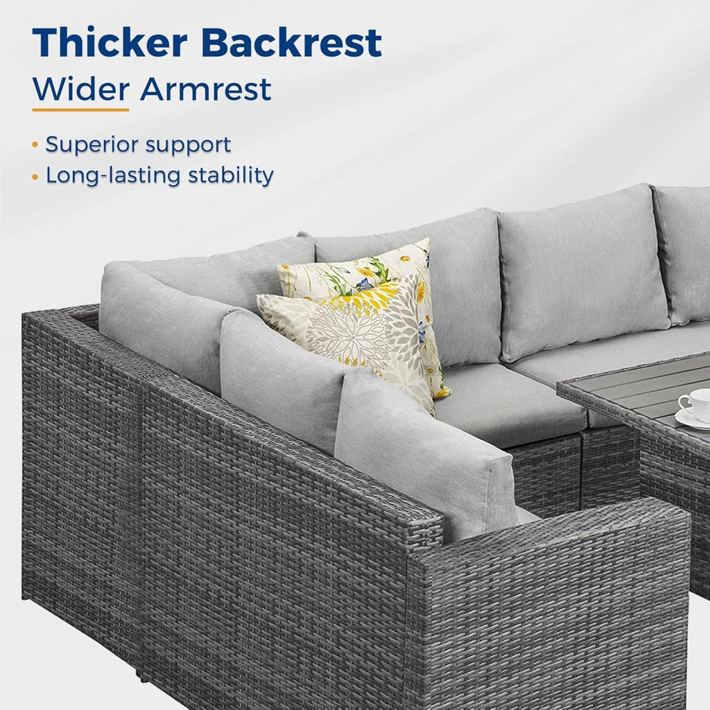 Outdoor Sectional Set PE Rattan Steel Gray Cushion 7 Piece Seats 8