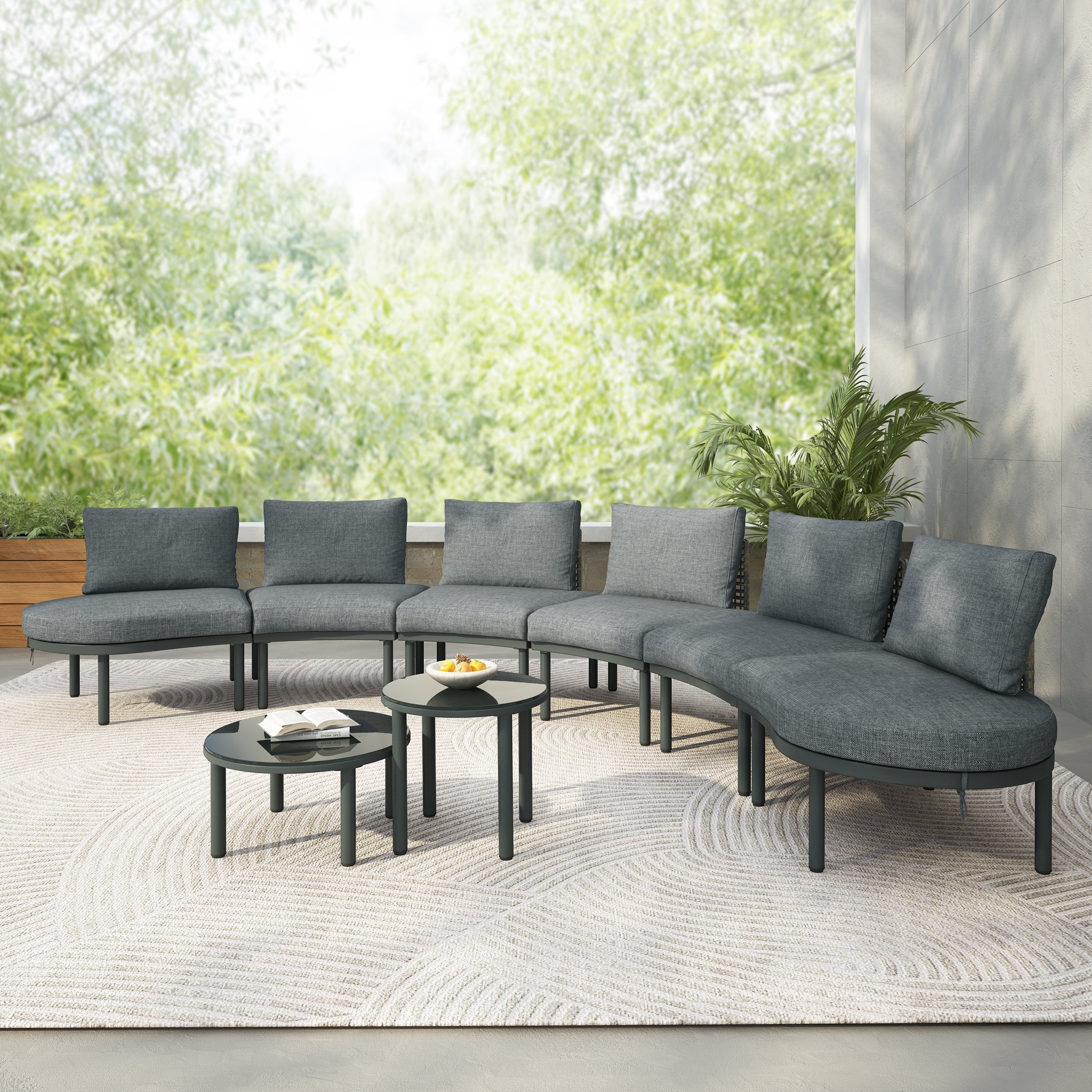 Outdoor Patio Set Half Moon Wicker Aluminum Gray 8 Piece 2 Tables