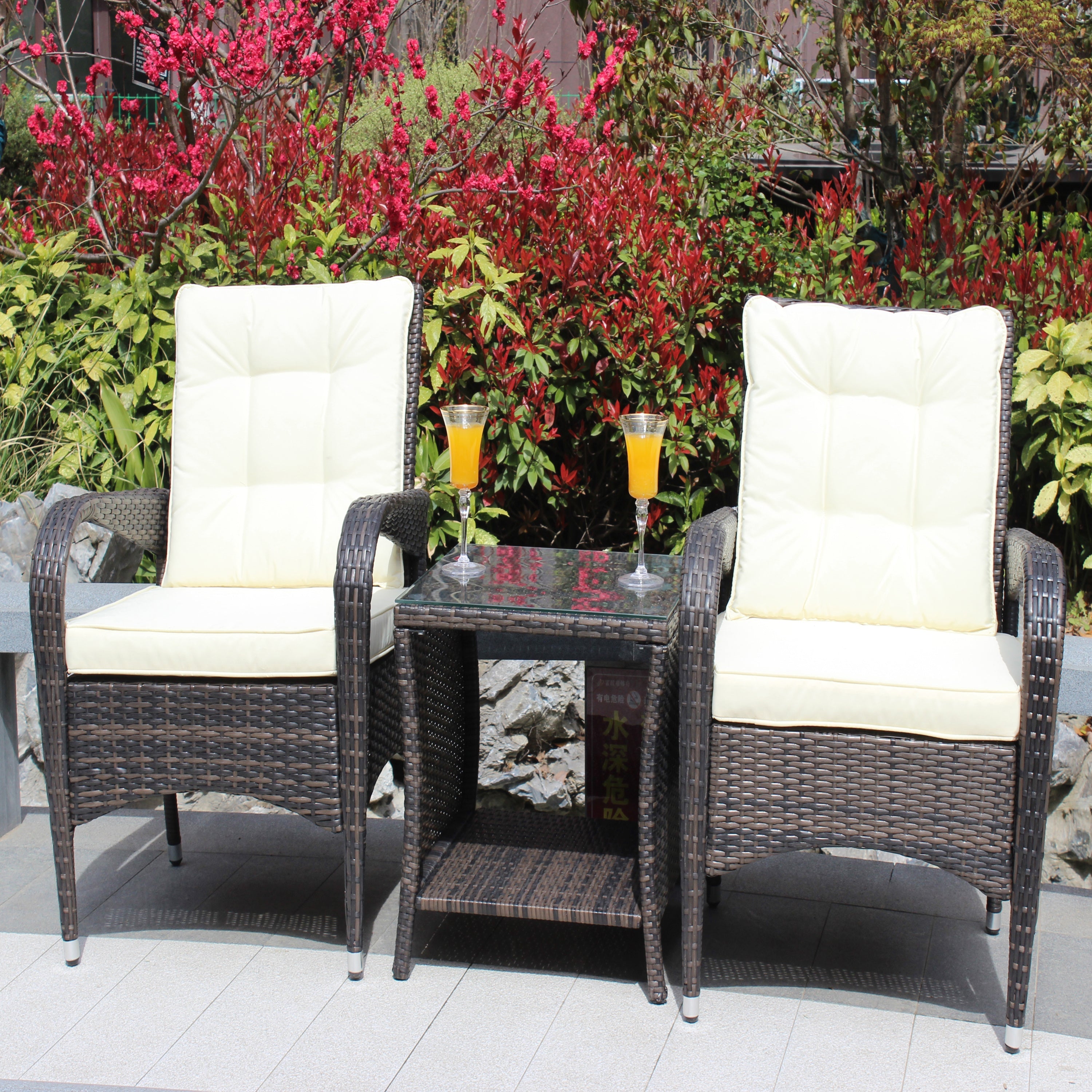 Outdoor Conversation Set PE Rattan Steel Brown Beige Cushion 3 Piece