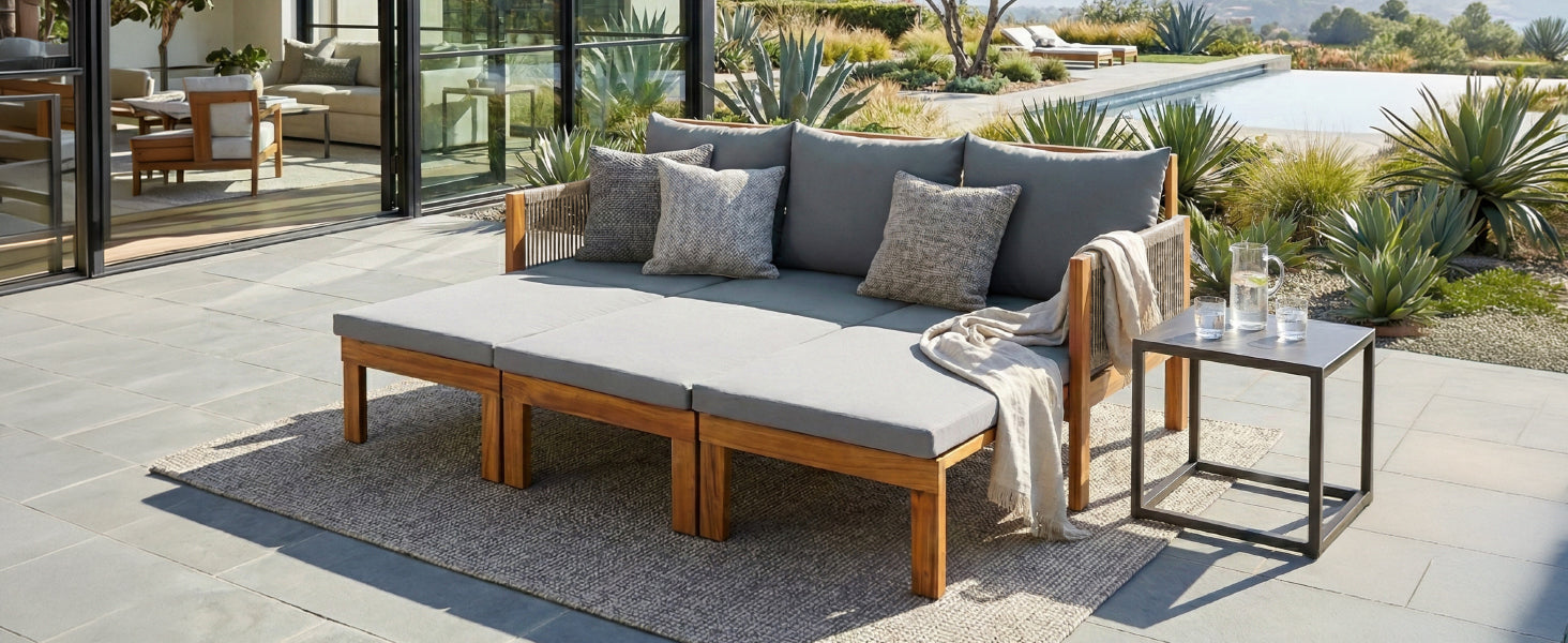 Chaise Lounge Acacia Wood Rope Natural Gray Cushion Convertible 3 Seat