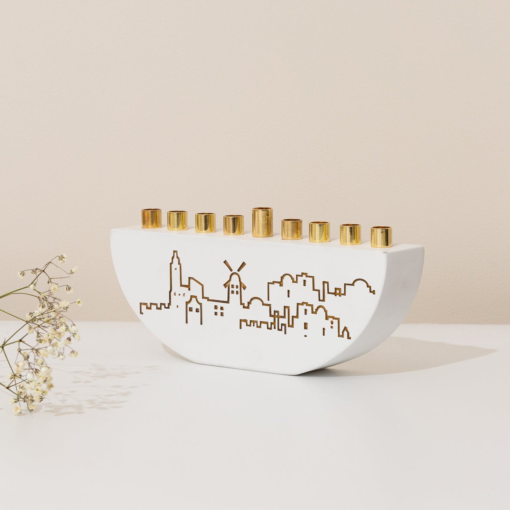 Handmade Concrete Menorah – Jerusalem Outline L Series