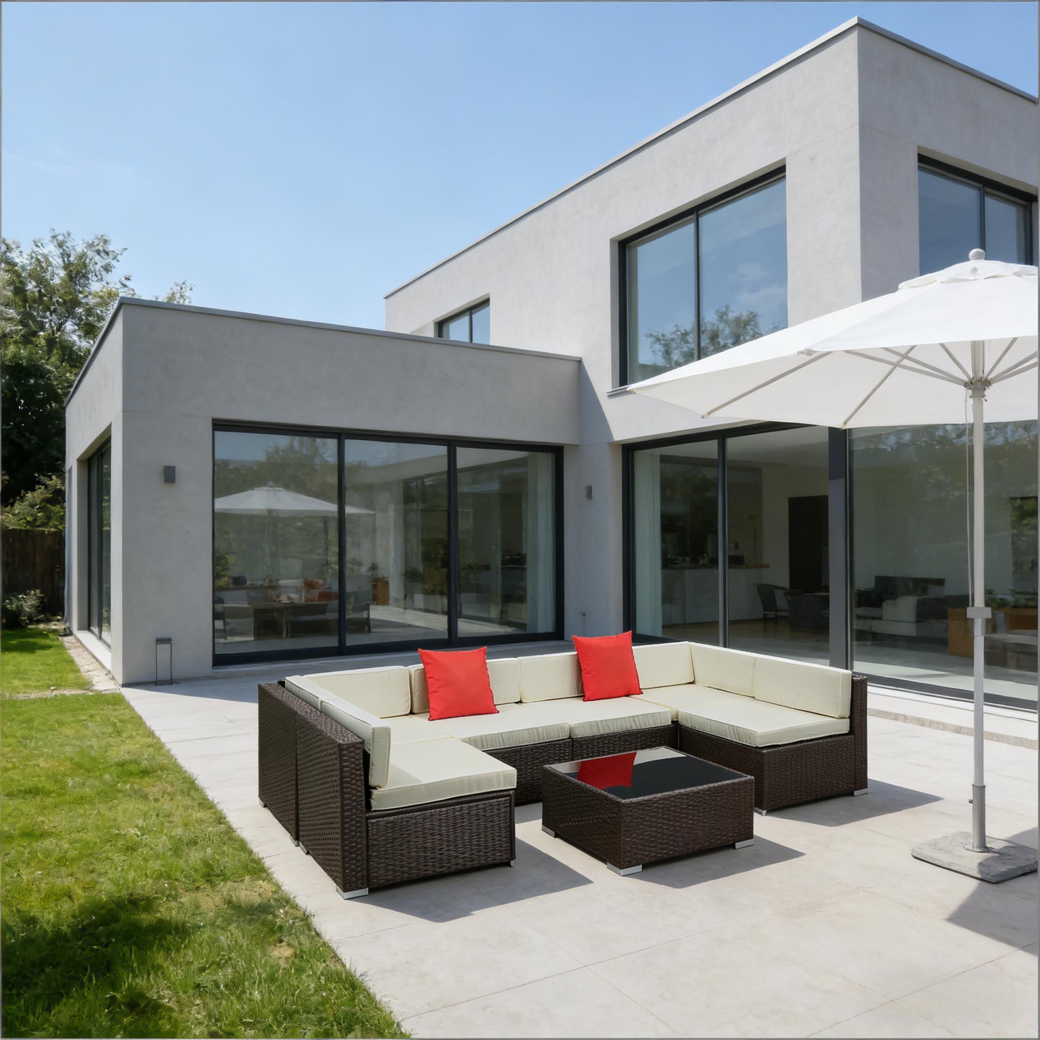 Outdoor Sectional Set PE Rattan Steel Beige Cushion 7 Piece L-Shape Seats 6